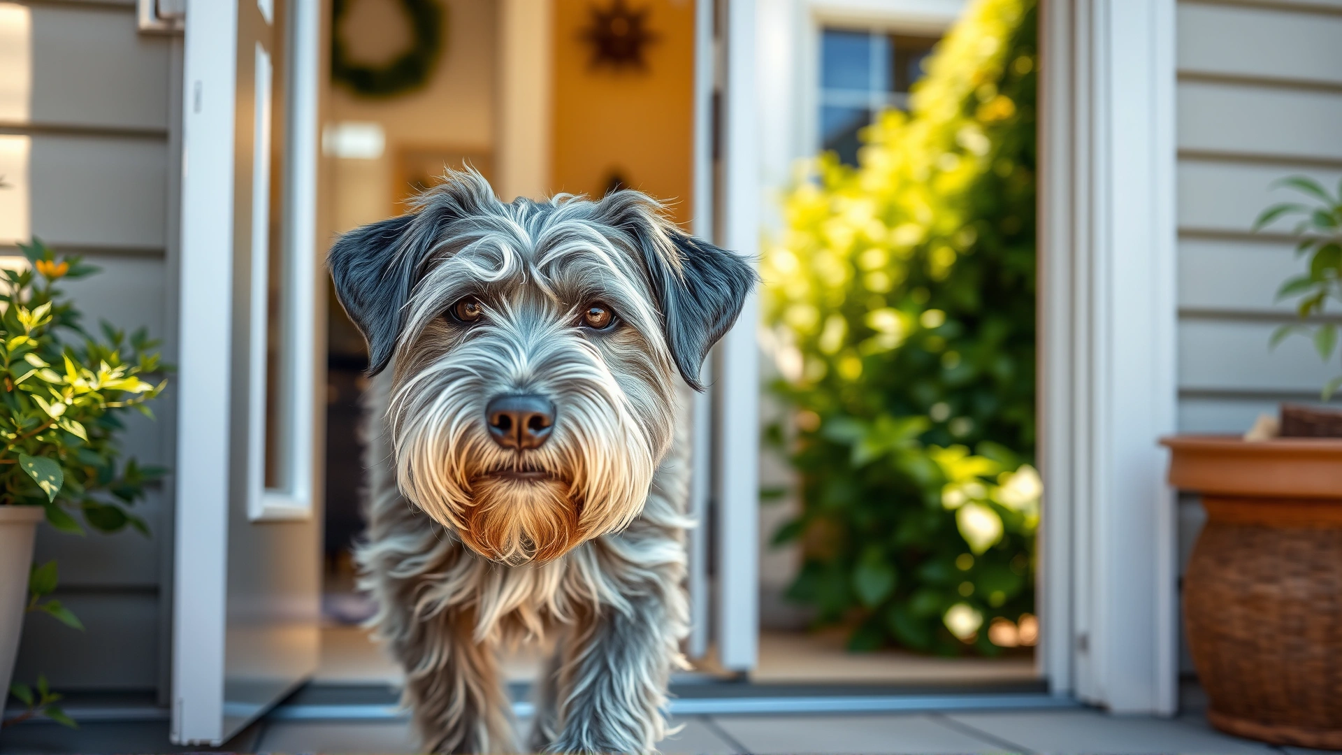 Grey-muzzled senior dog walking through a dog door into a sunny backyard, house interior in background.