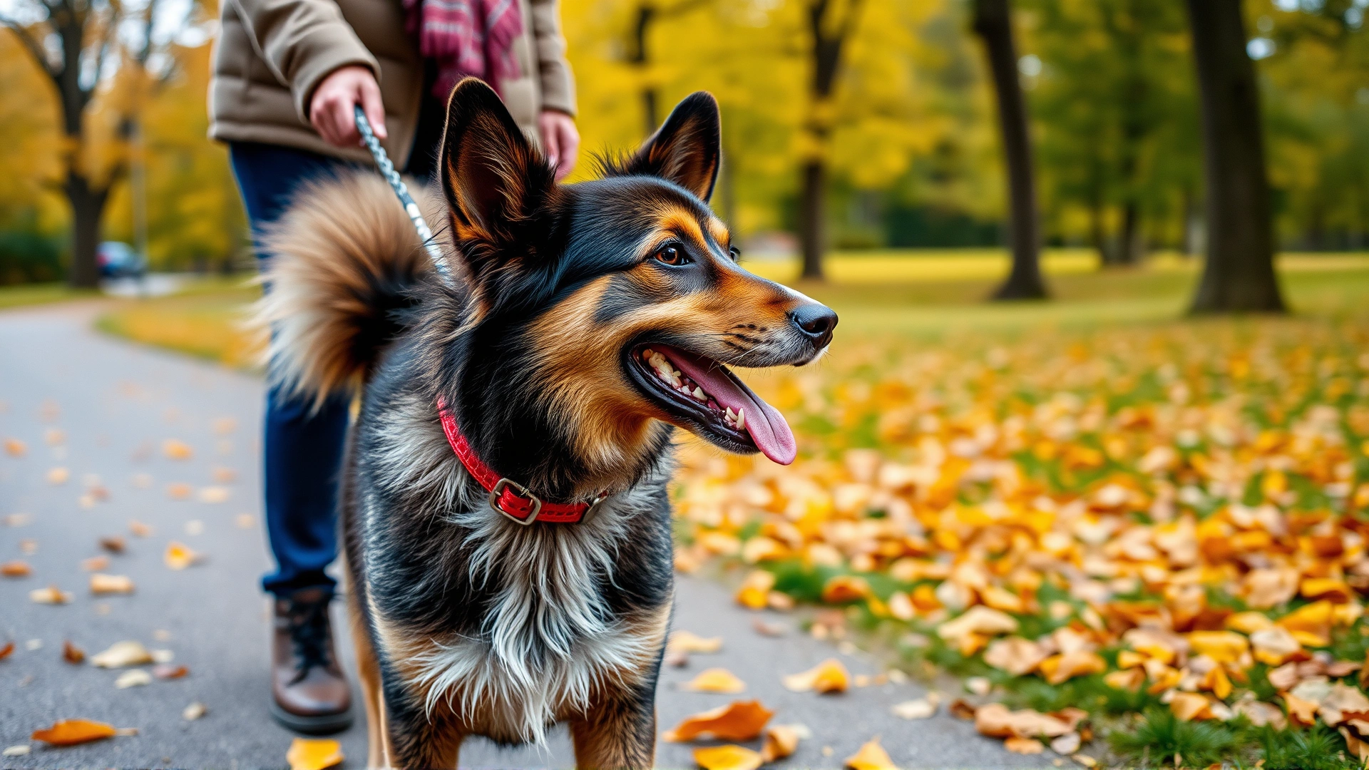 Older mixed-breed dog enjoying a gentle walk with its owner in an autumn park, golden leaves on ground