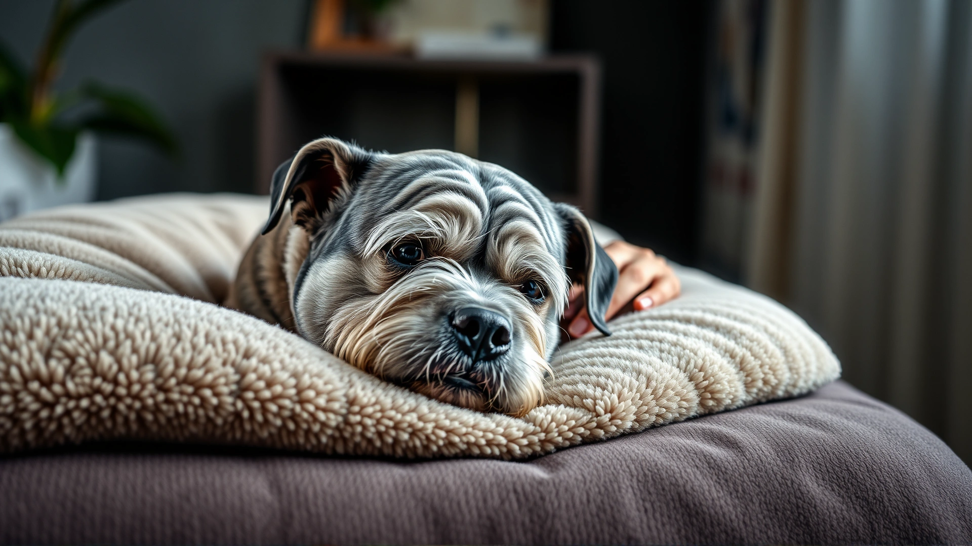 An elderly gray-muzzled dog resting comfortably on a plush bed at home with its owner gently petting it, representing palliative care and quality of life