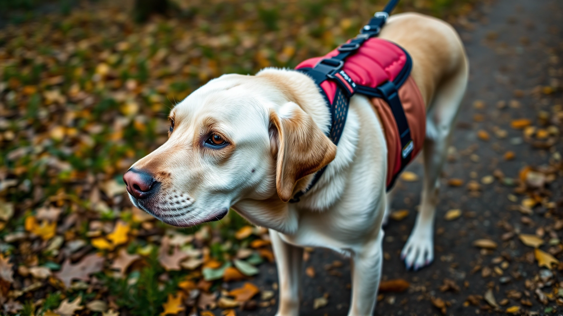 Close-up of an elderly Labrador wearing a padded front-clip harness while walking calmly on a leafy path, focus on harness details.