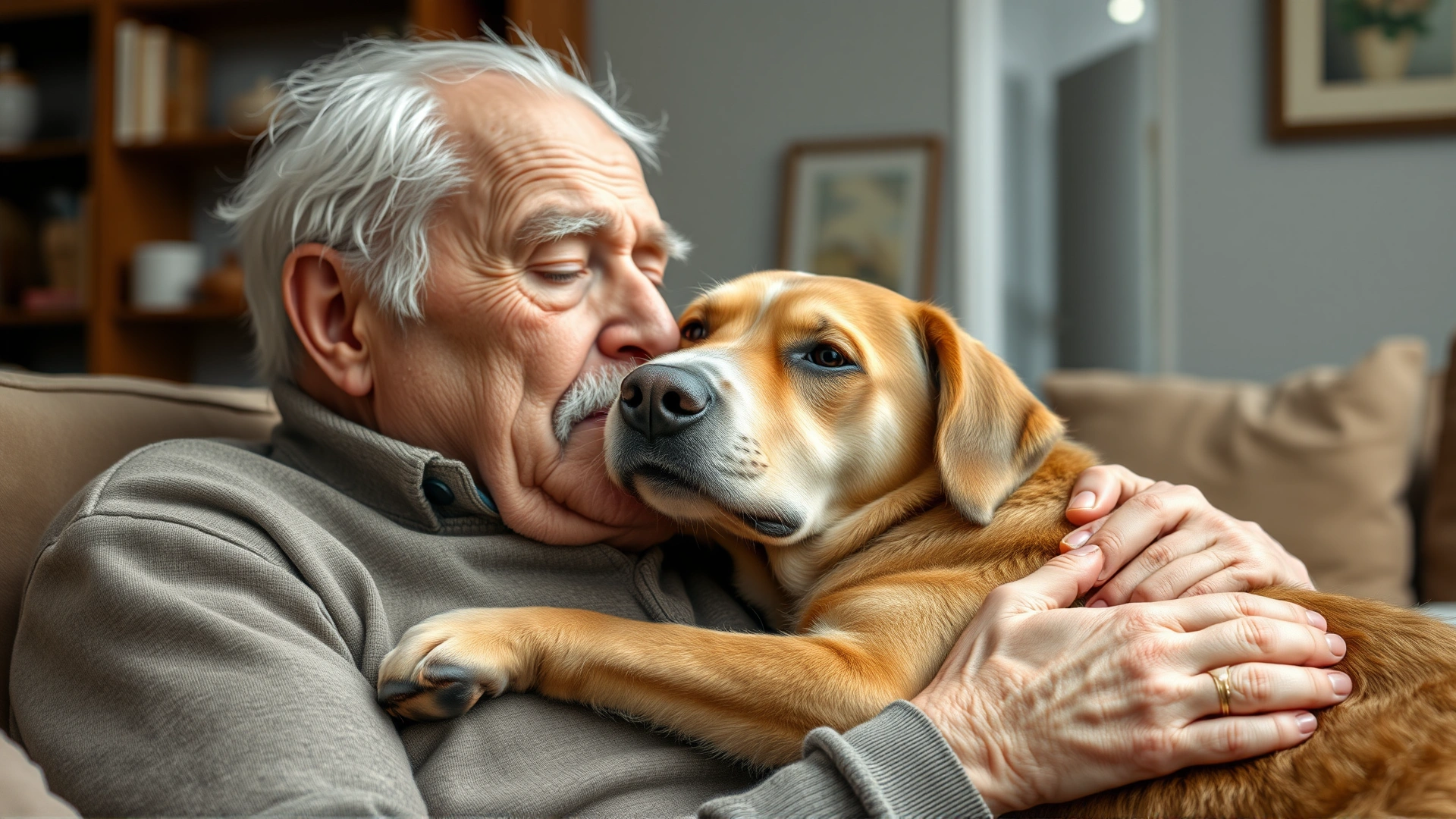 An elderly dog with greying muzzle cuddling with its owner in a cozy living room, showcasing the bond during senior years, no text.