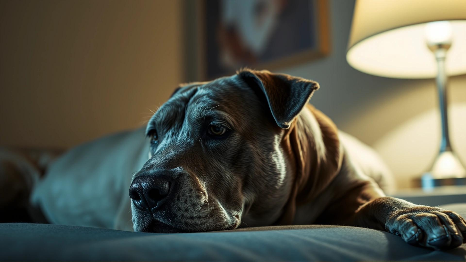 Portrait of an older gray-muzzled dog lying indoors at night near a bedside lamp, conveying the impact of age on vision.