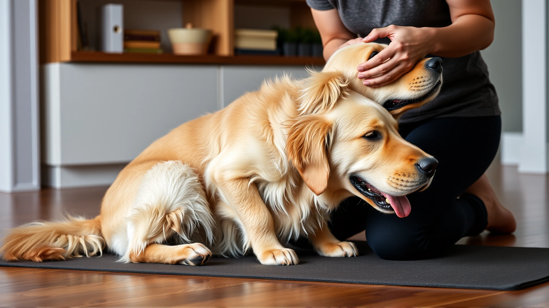 Gentle yoga pose adaptation for a senior golden retriever with its owner assisting softly