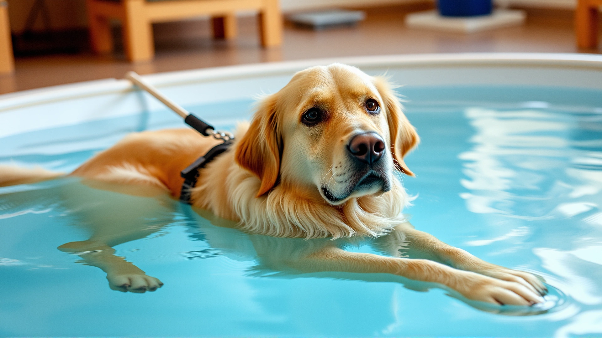 Older golden retriever floating calmly in a warm therapy pool while supported by a soft harness