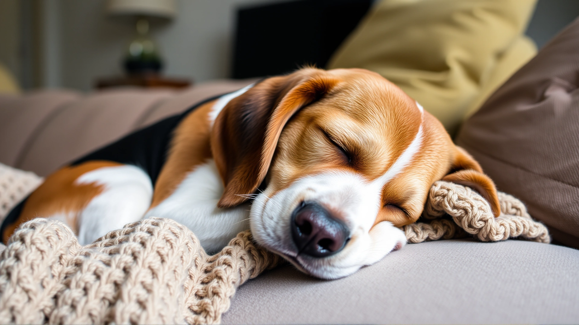 Senior beagle comfortably napping on a cozy couch with a knitted blanket, living room setting.