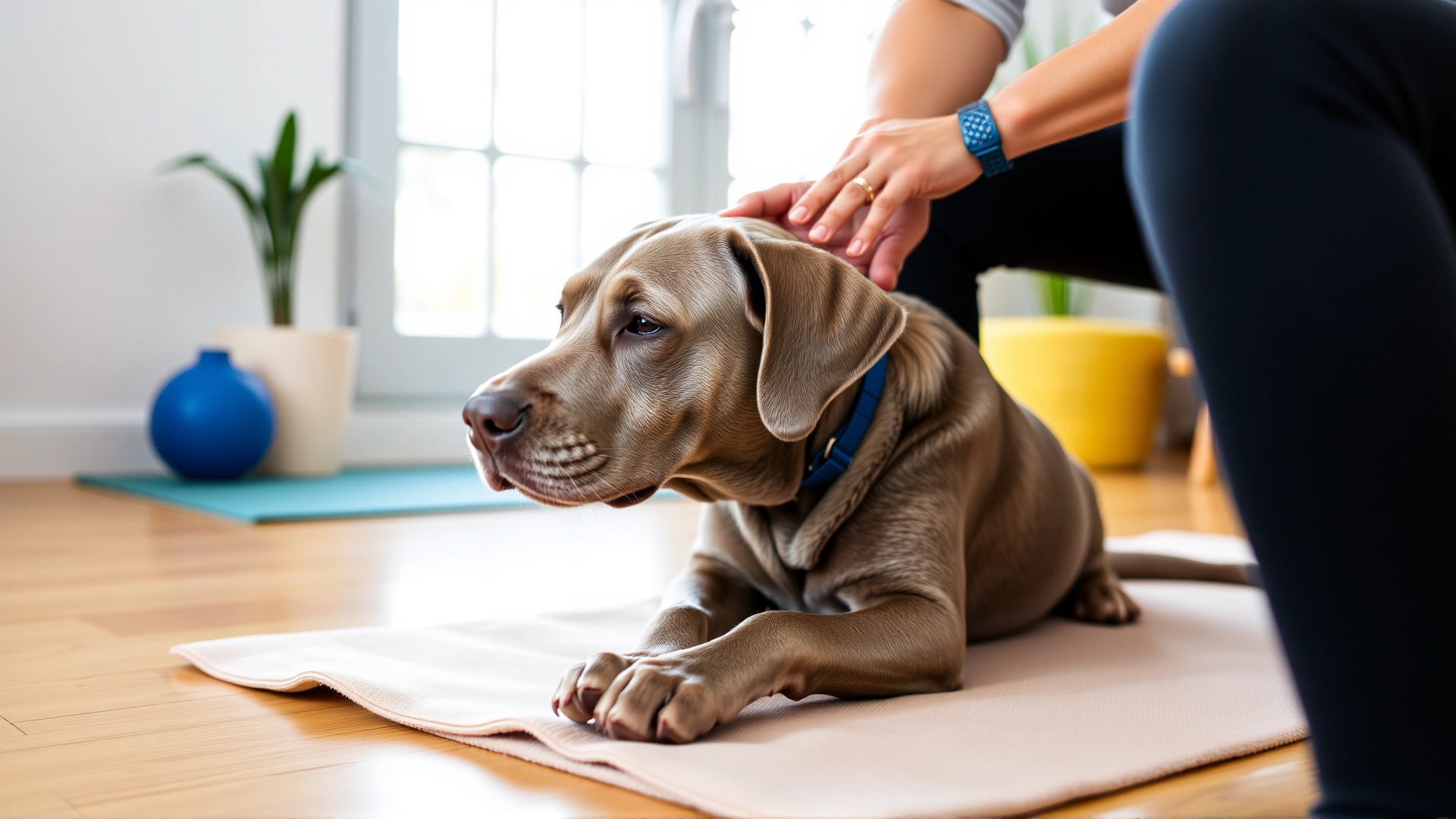 Older gray-muzzled Labrador gently stretching with owner's assistance on a soft yoga mat inside a home.