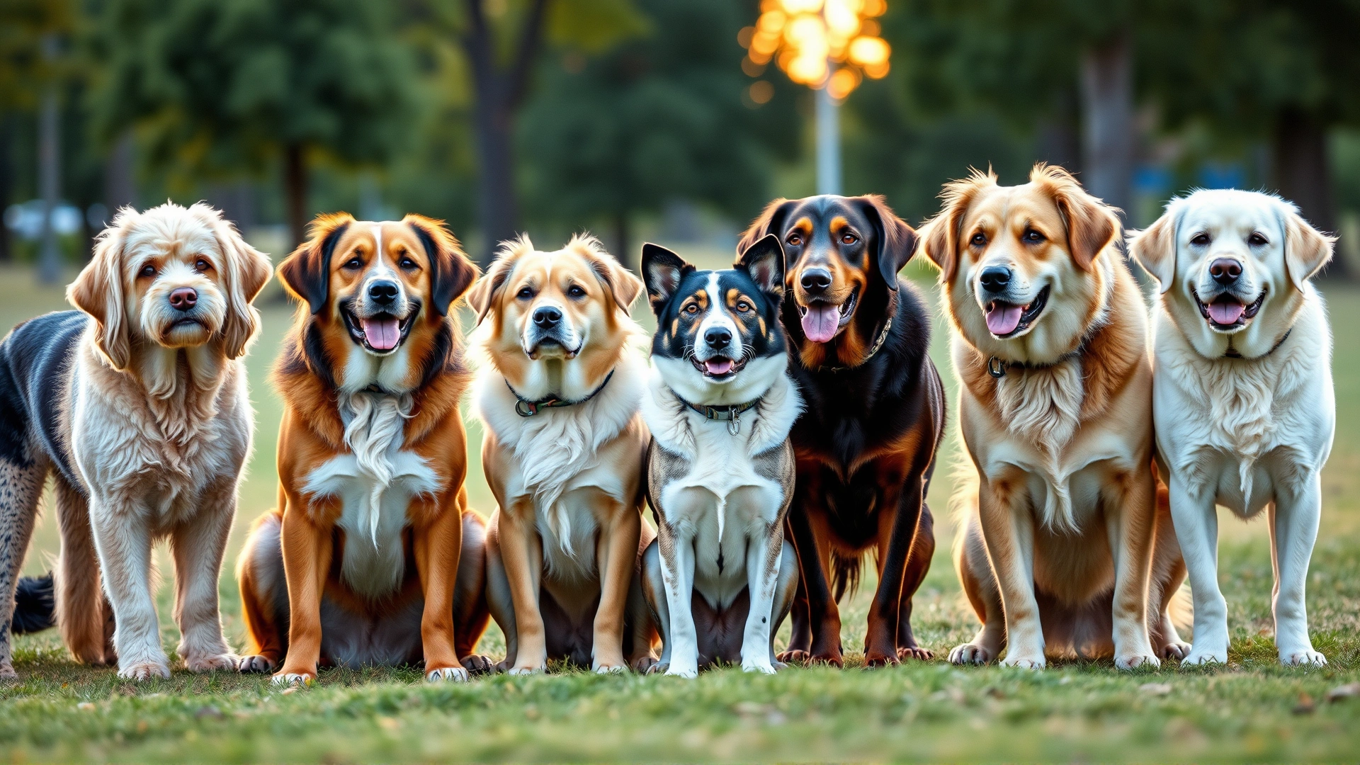Group portrait of several senior dogs of different breeds and sizes standing together in a park during golden hour, highlighting diversity of senior dogs.