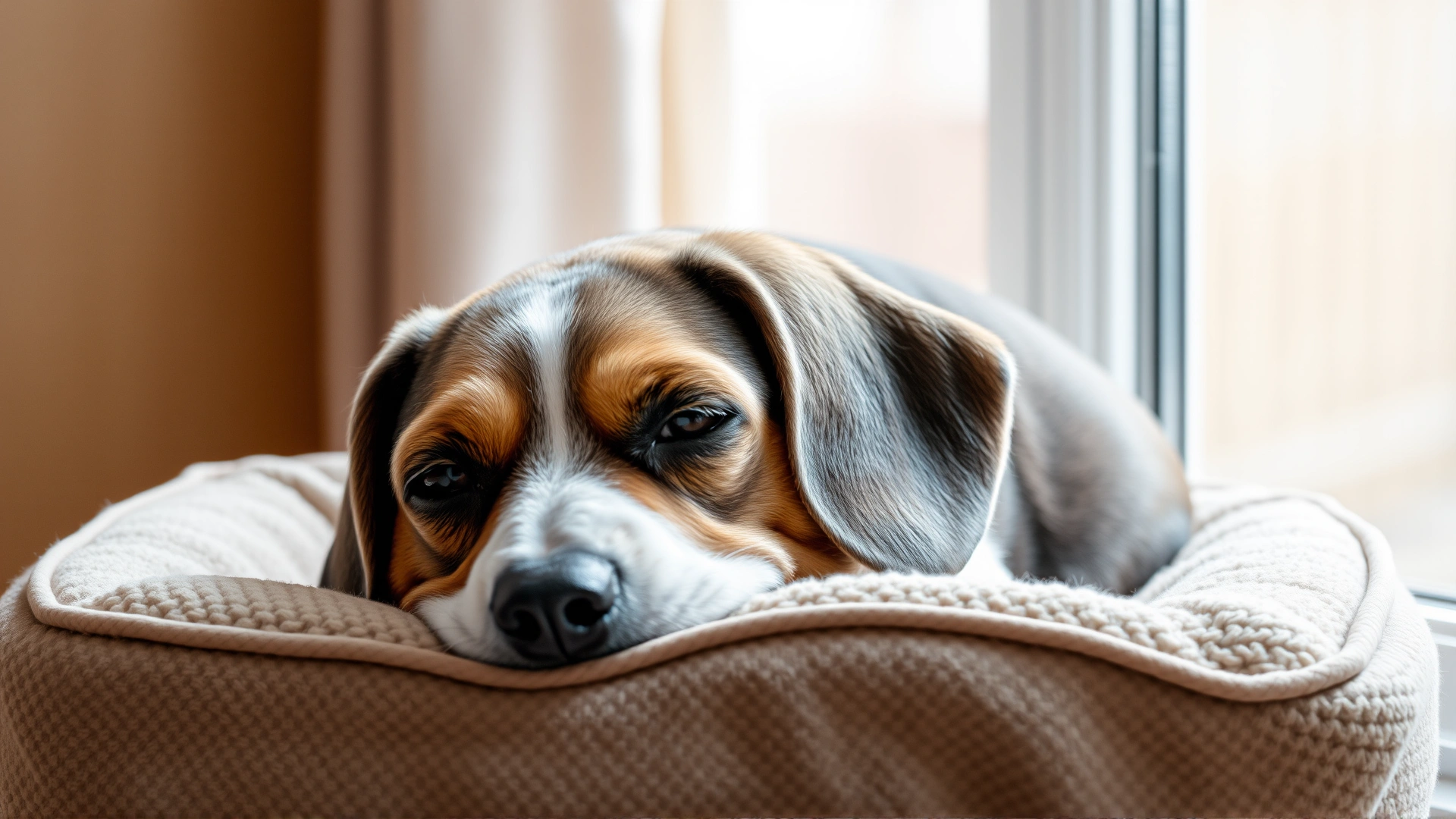 Gray-muzzled senior beagle resting comfortably on a cozy dog bed near a window with soft light