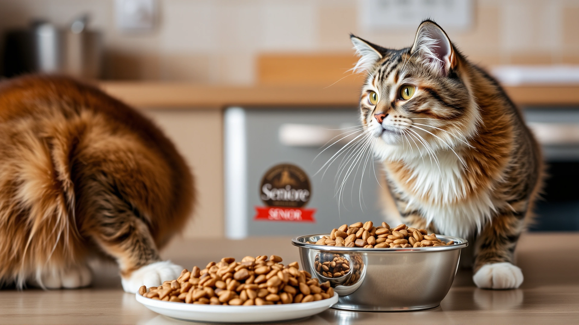 Bowl filled with high-quality dry cat food labeled for senior cats next to a curious elderly feline, kitchen background, no readable text.
