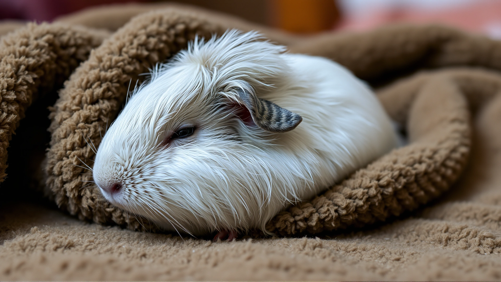 An elderly guinea pig with slightly graying fur resting comfortably on a plush fleece blanket, eyes half-closed in a calm environment