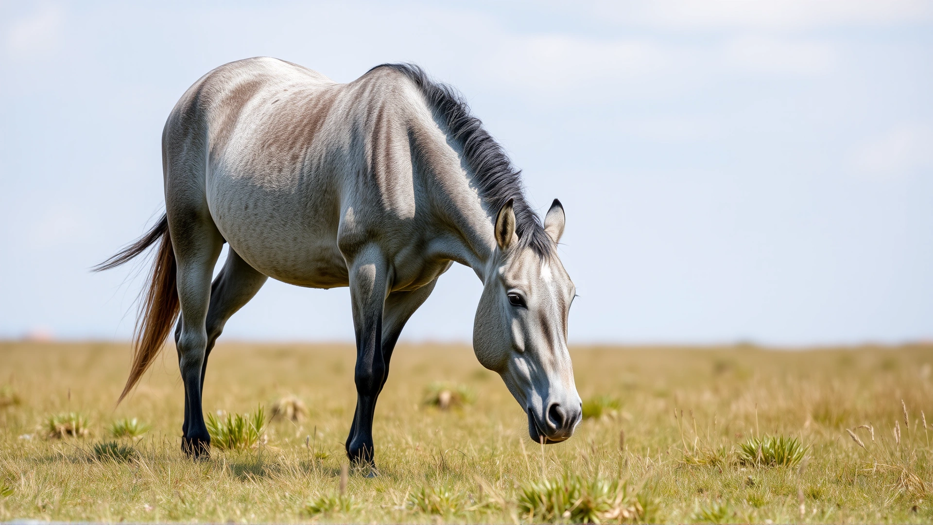 Grey senior horse grazing slowly in a grassy field, illustrating age-related care needs