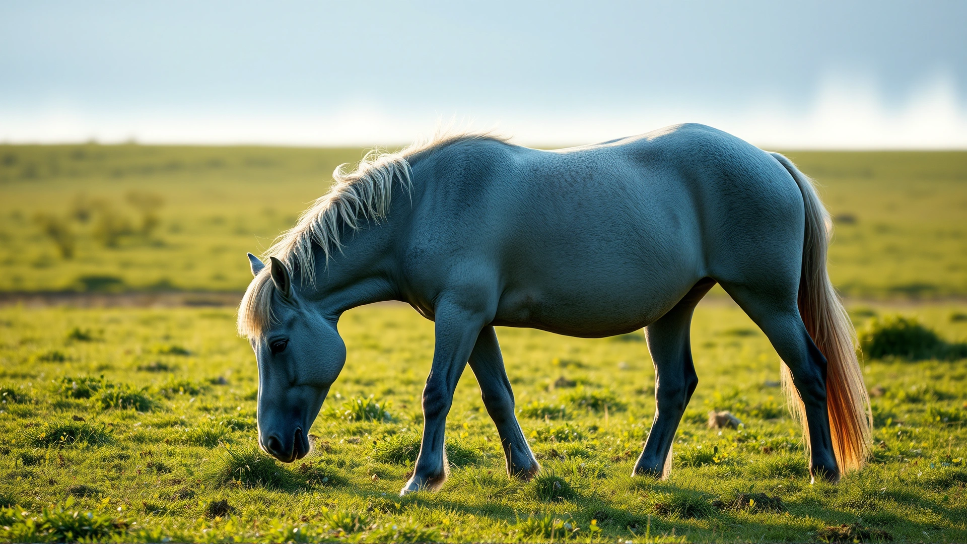 Elderly gray horse grazing peacefully in a lush green pasture during early morning, light mist, conveys aging and serenity, realistic photography