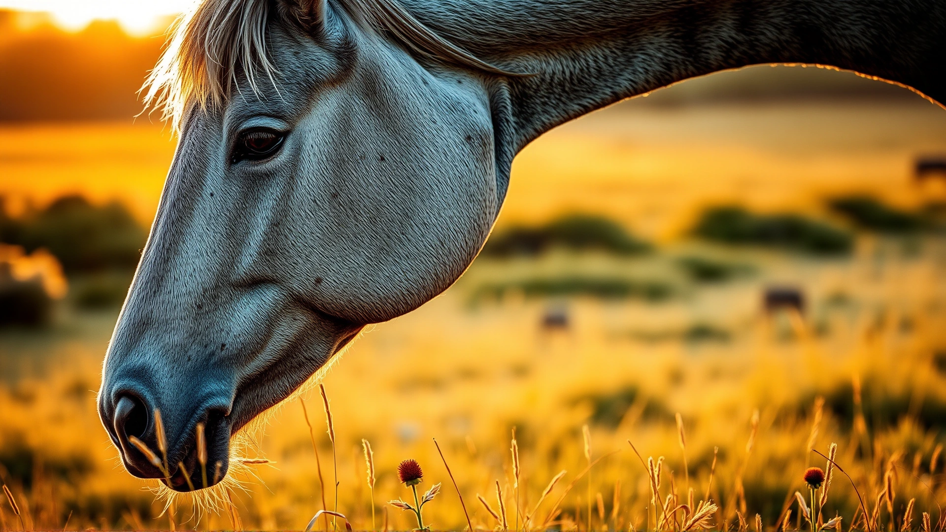 Grey senior horse grazing in a meadow at sunset, lower jaw visible showing worn, yellowed teeth; soft golden backlight.