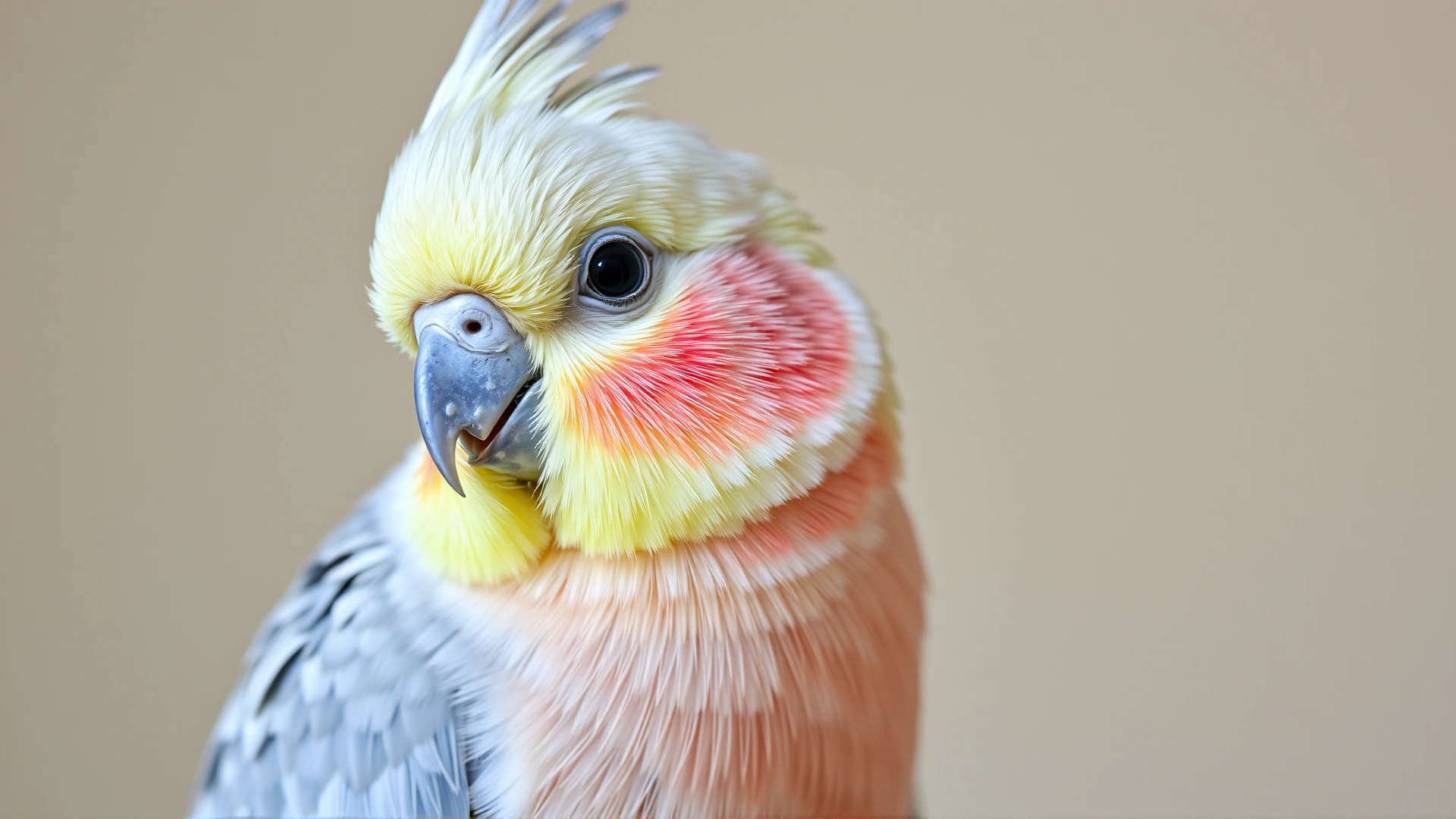 Close-up portrait of an elderly cockatiel with slightly duller feathers perched calmly on a soft fabric perch, gentle lighting highlighting subtle age signs.
