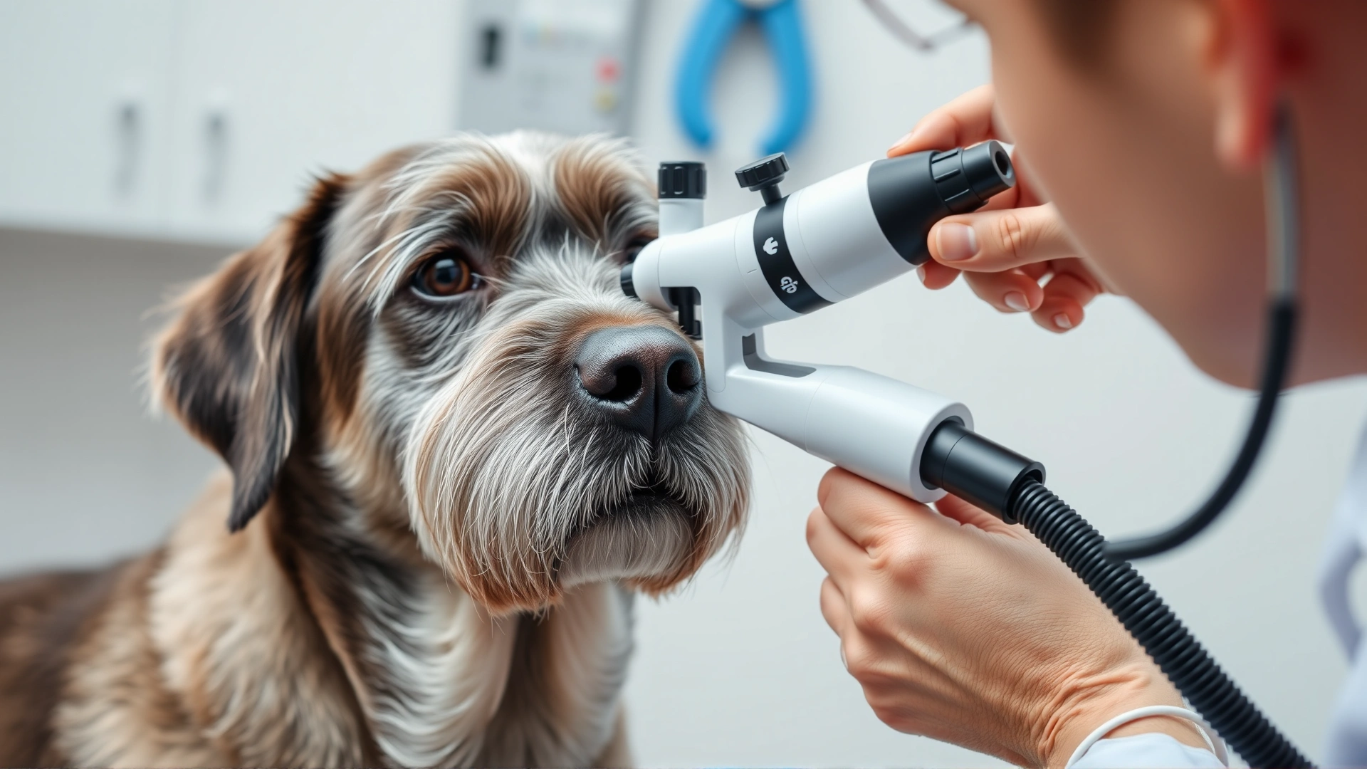 Older gray-muzzled dog having eyes inspected with an ophthalmoscope by a veterinarian, gentle expression, clean exam room