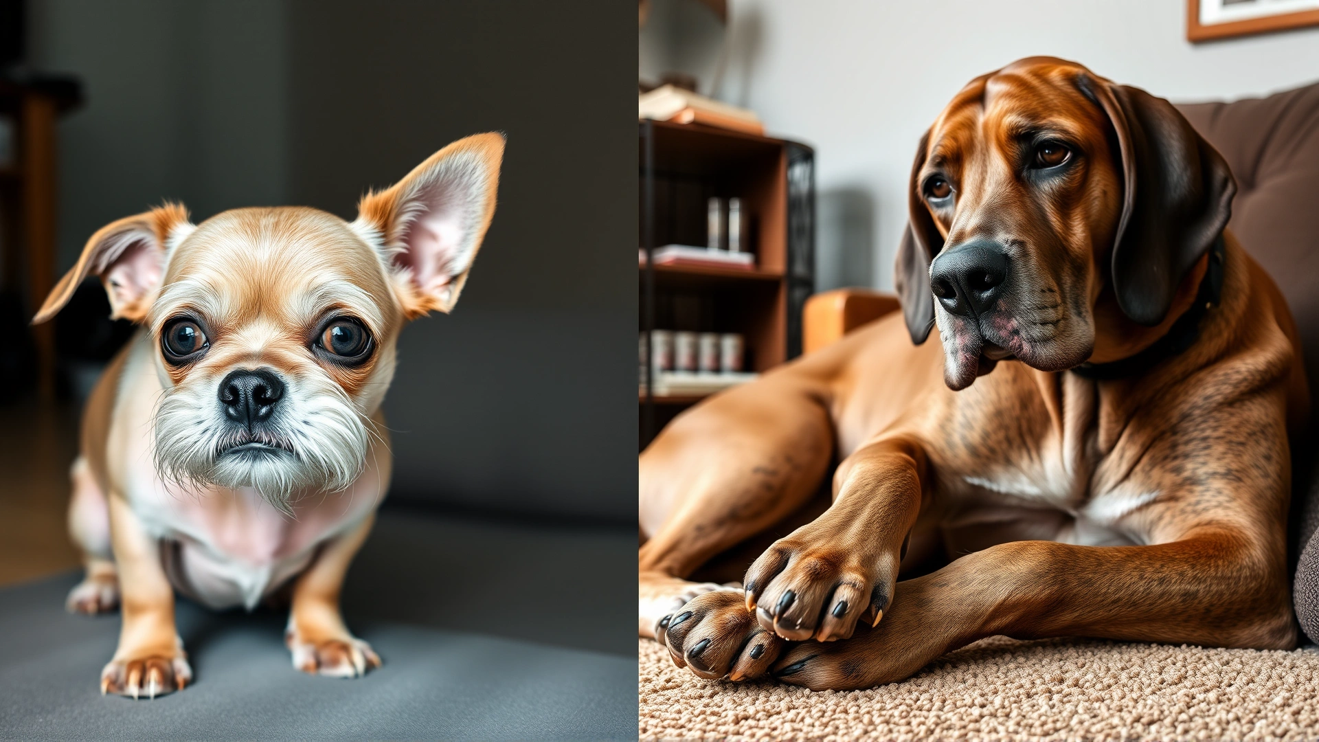 Split-frame image: on the left, a small senior Chihuahua with a graying muzzle; on the right, a large senior Great Dane resting, both in home environments, illustrating size differences in aging