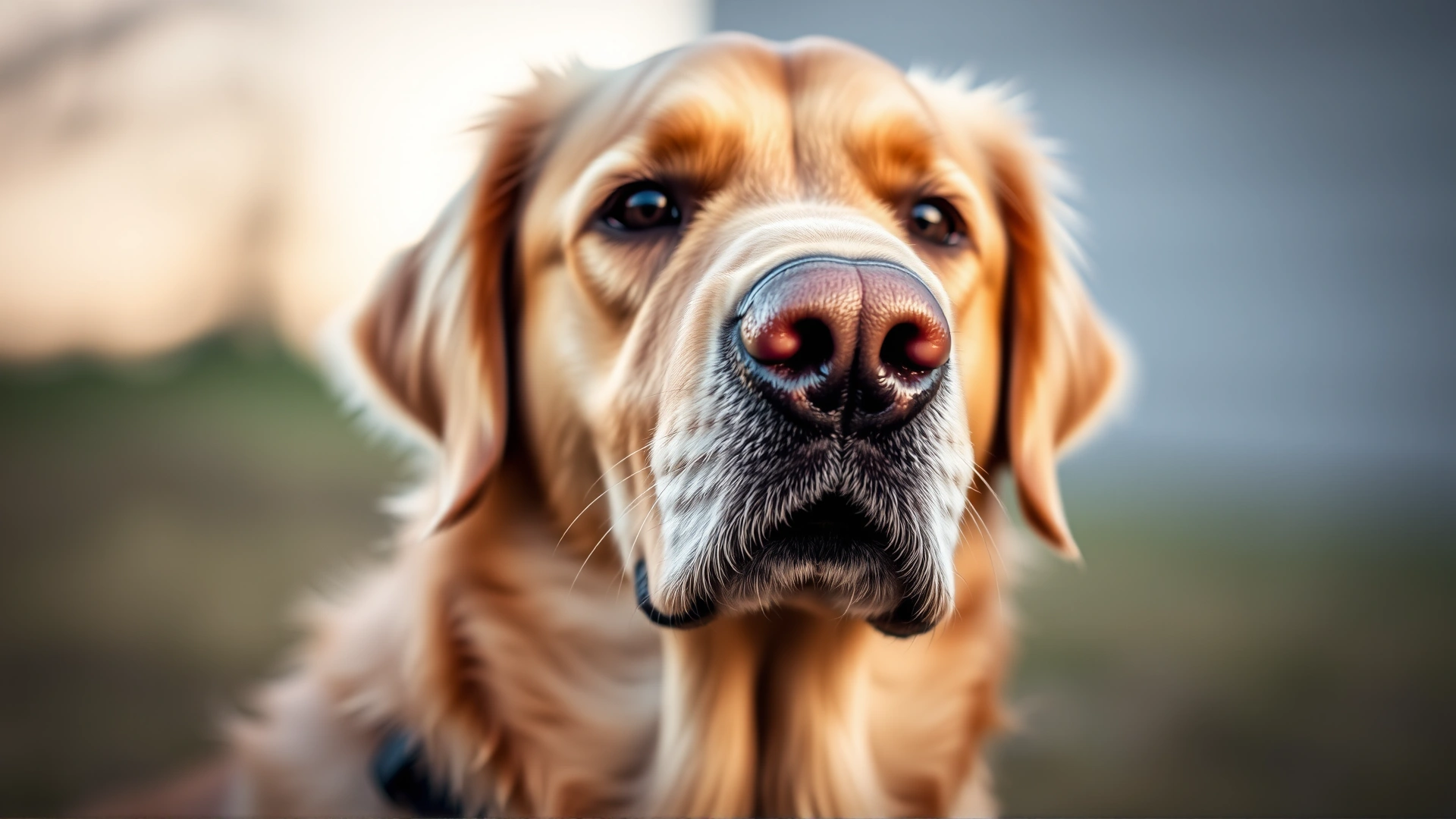 Close-up portrait of an older golden retriever with gentle eyes and visible gray hairs around the muzzle, outdoors with soft background bokeh.