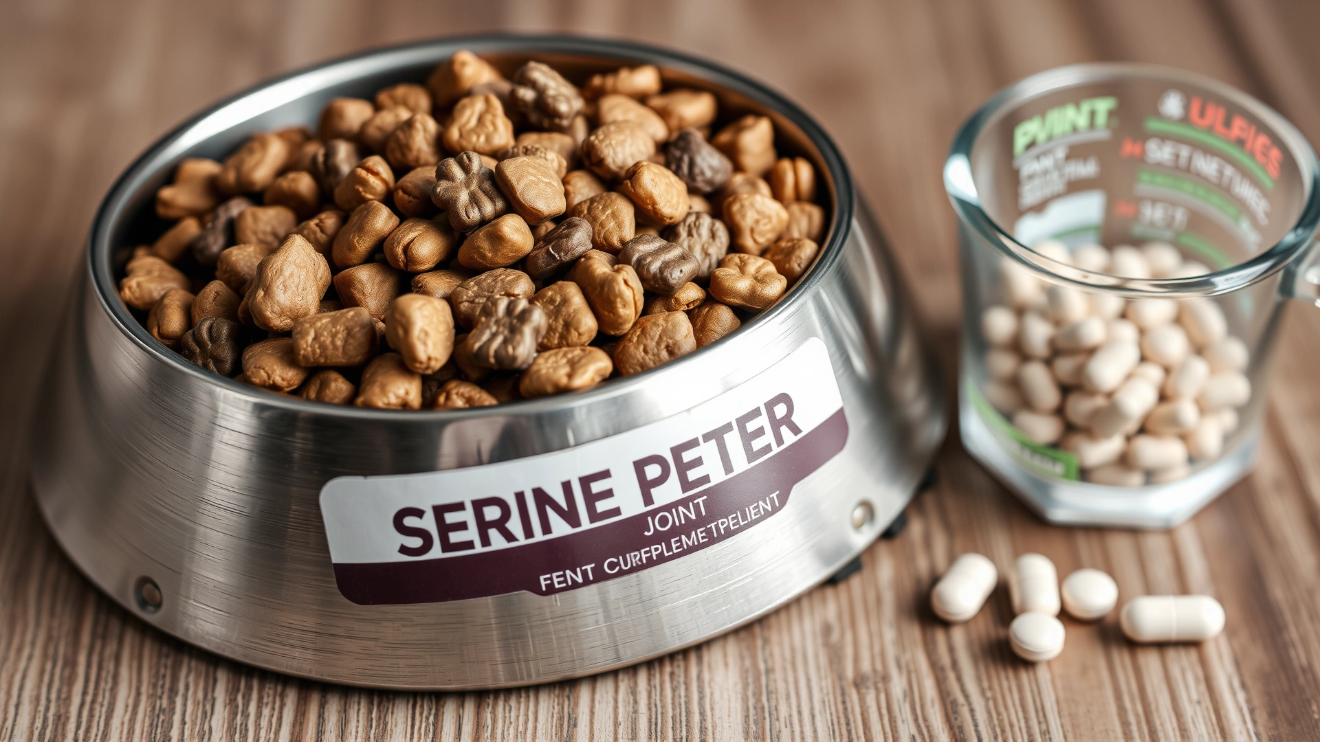 Close-up of a stainless bowl filled with high-quality kibble labeled for senior pets, next to joint supplement tablets and a measuring cup