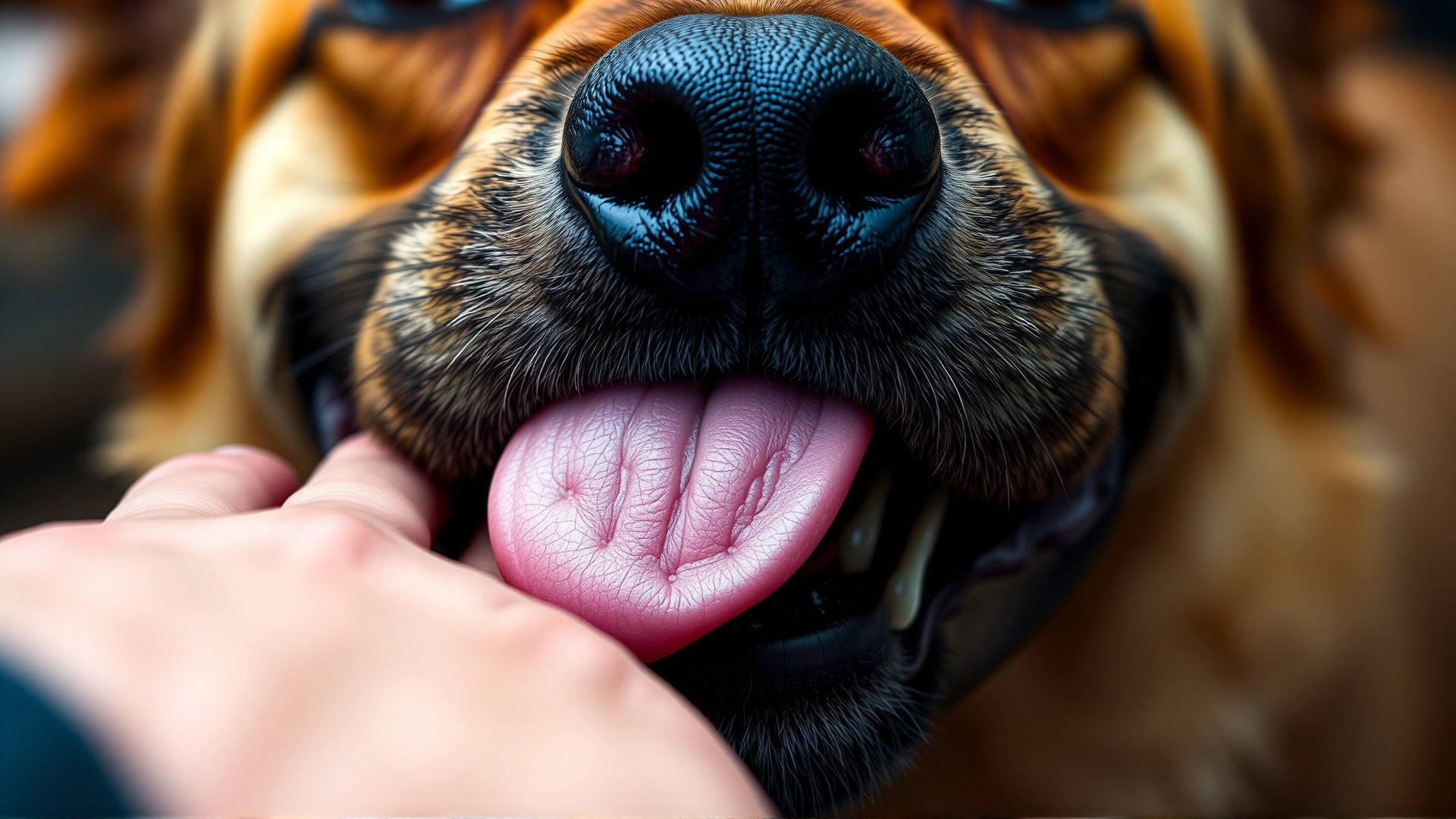 Macro shot of a dog's tongue touching a human hand, focus on texture and detail, blurred background