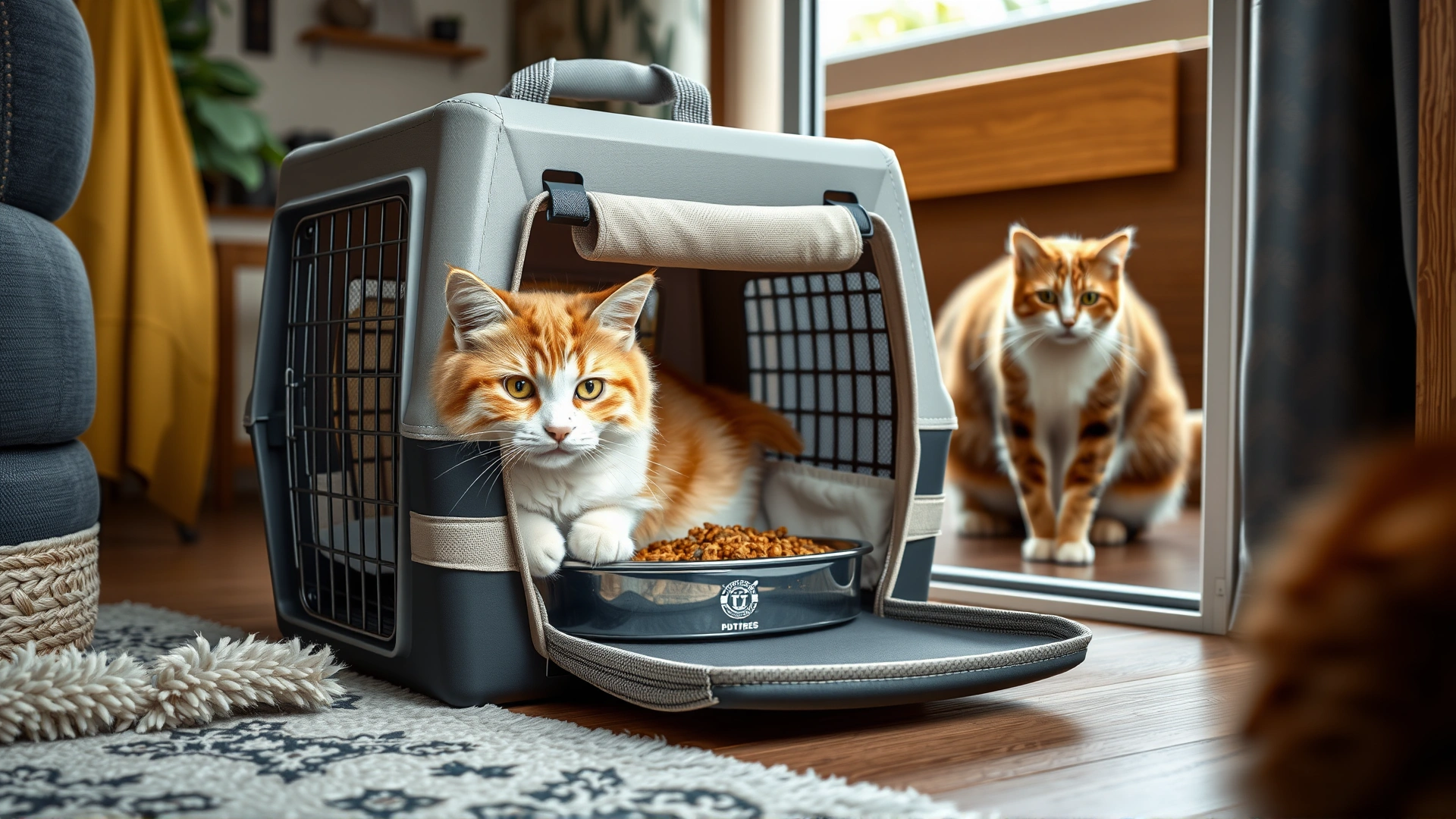 Cozy home interior with a cat eating inside a soft-sided carrier while another cat watches from outside, illustrating separate feeding spaces