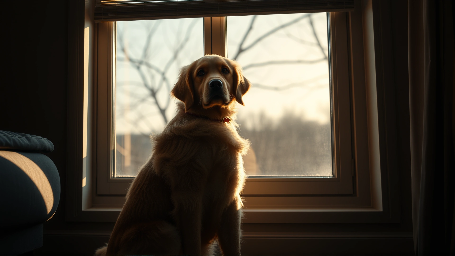 Indoor photo of a lonely golden retriever sitting by a window, looking out with sad eyes, evening light casting soft shadows.