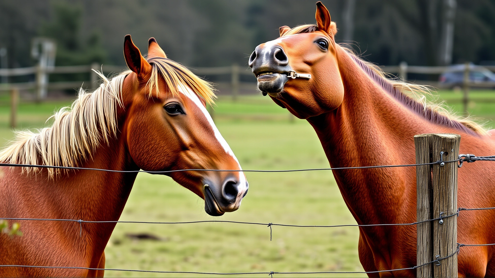 Two horses on opposite sides of a fence neighing loudly toward each other, displaying separation anxiety.