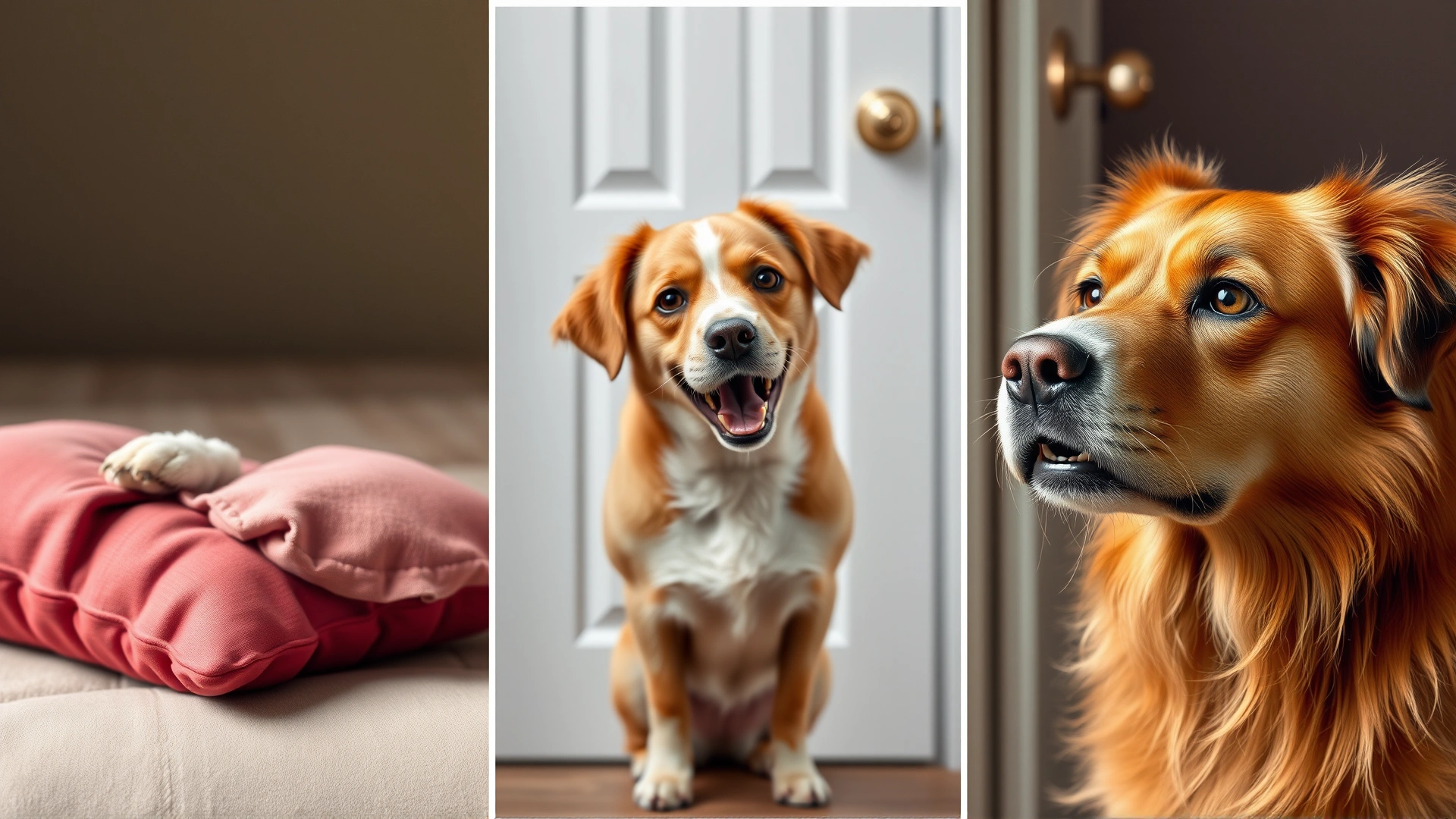 Collage of three images showing: a dog chewing a pillow, a dog howling by the door, and a dog drooling with anxious expression. No text.