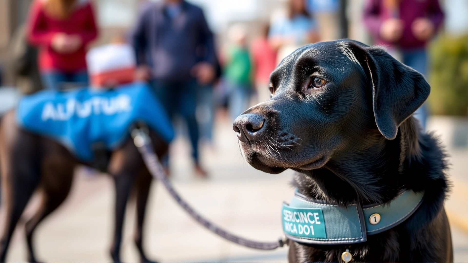 Close-up of a black Labrador wearing a blue service dog vest with a blurred busy sidewalk background, no text on vest.