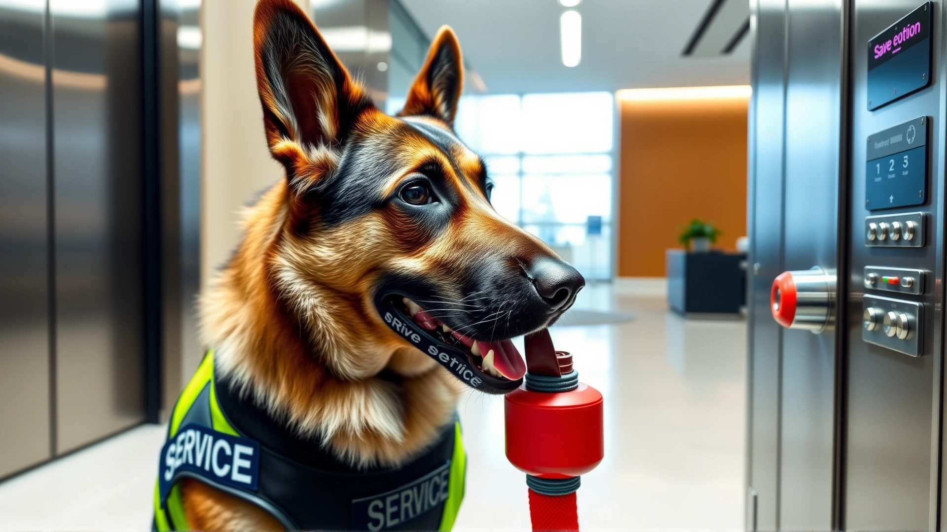 Service dog wearing a bright vest pressing an elevator button with its nose in a modern office building interior.
