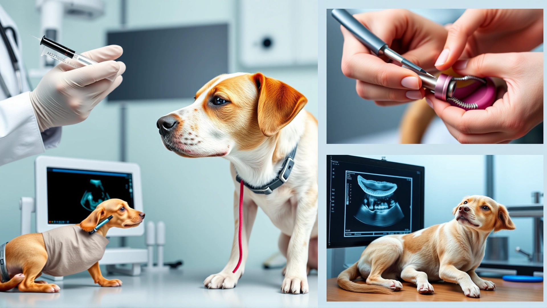 Collage-style image of various veterinary services: vaccination, dental cleaning, x-ray machine, and ultrasound being performed on dogs.