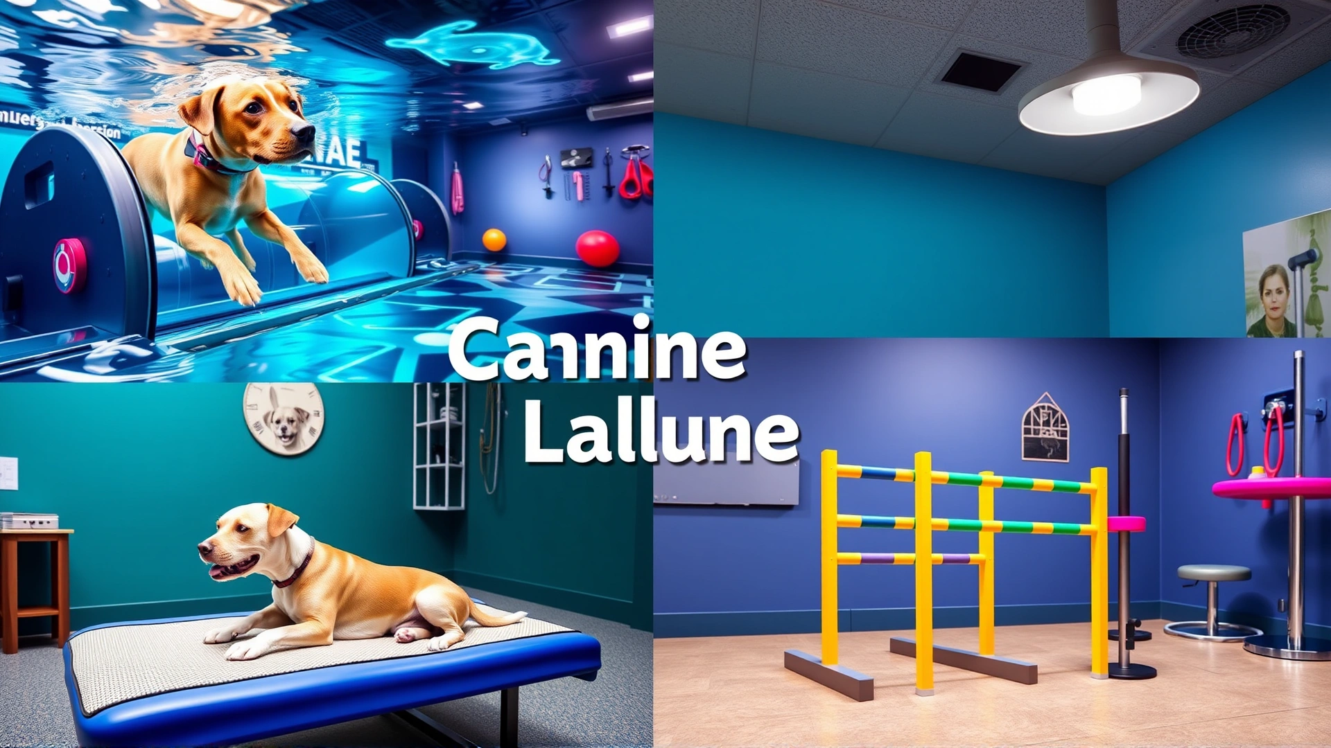 Collage-style image featuring different canine health club activities: underwater treadmill, dog massage table, agility course, and grooming station, vibrant and inviting, no text