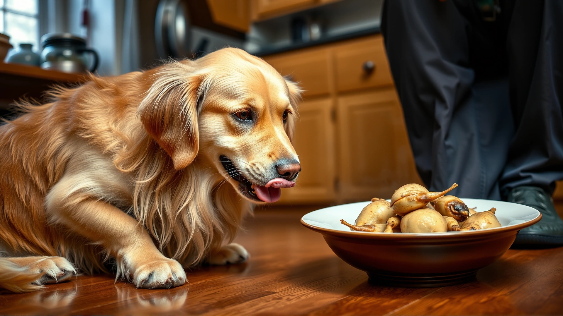 Golden retriever licking lips while its owner places a bowl with steamed quail meat on the floor, home kitchen setting, candid moment.