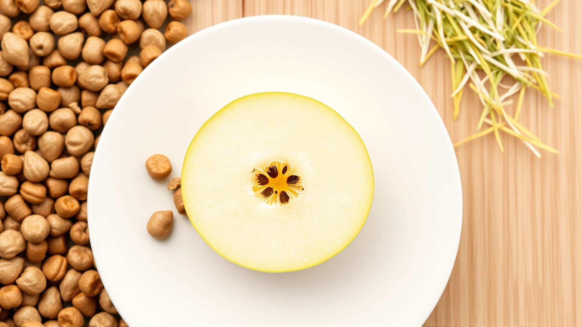 Small single slice of apple placed next to guinea pig pellets and fresh hay to illustrate proper serving size, overhead shot
