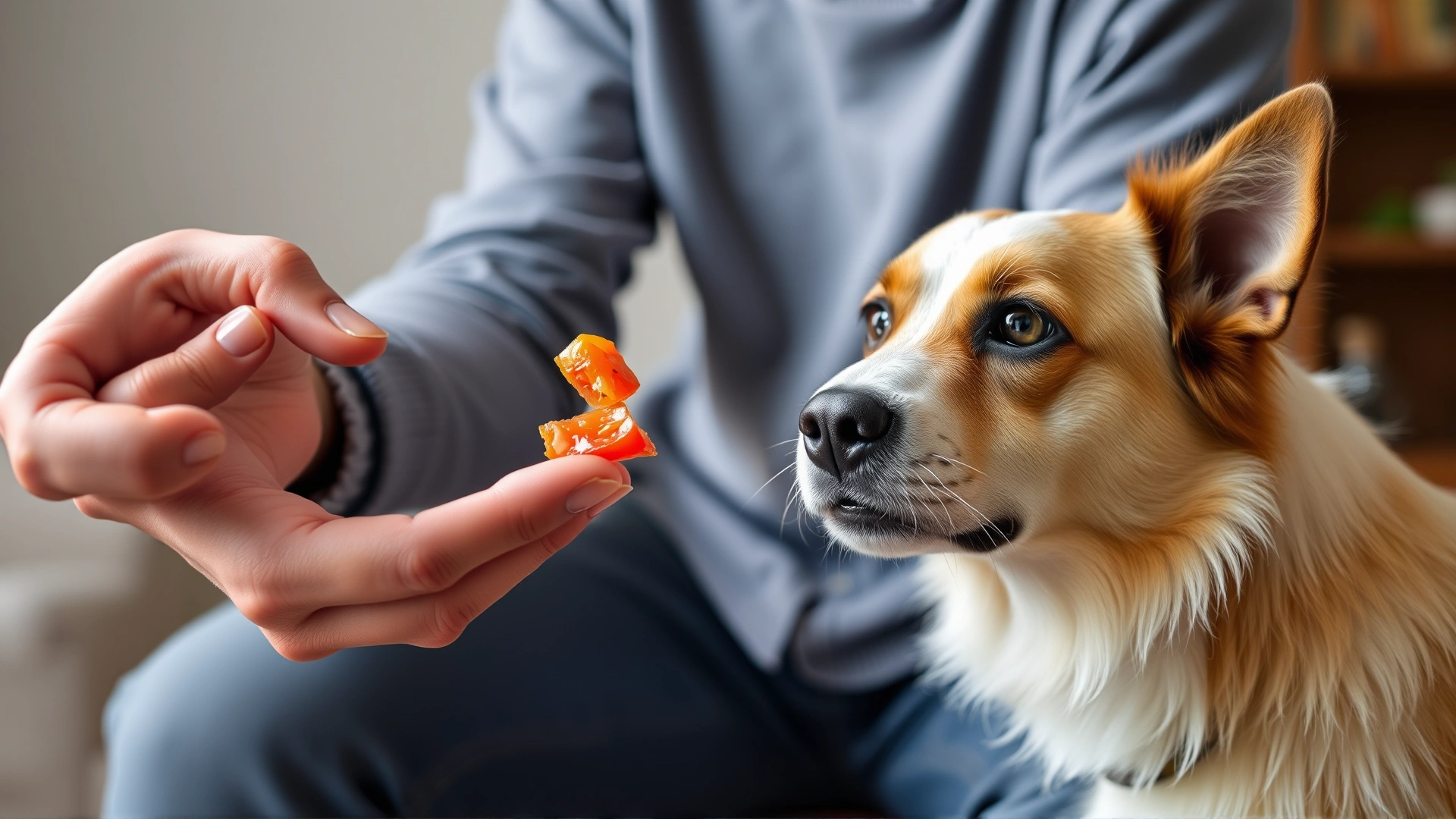 Owner hand offering a diced tomato piece to a medium-sized dog indoors, focus on safe serving size