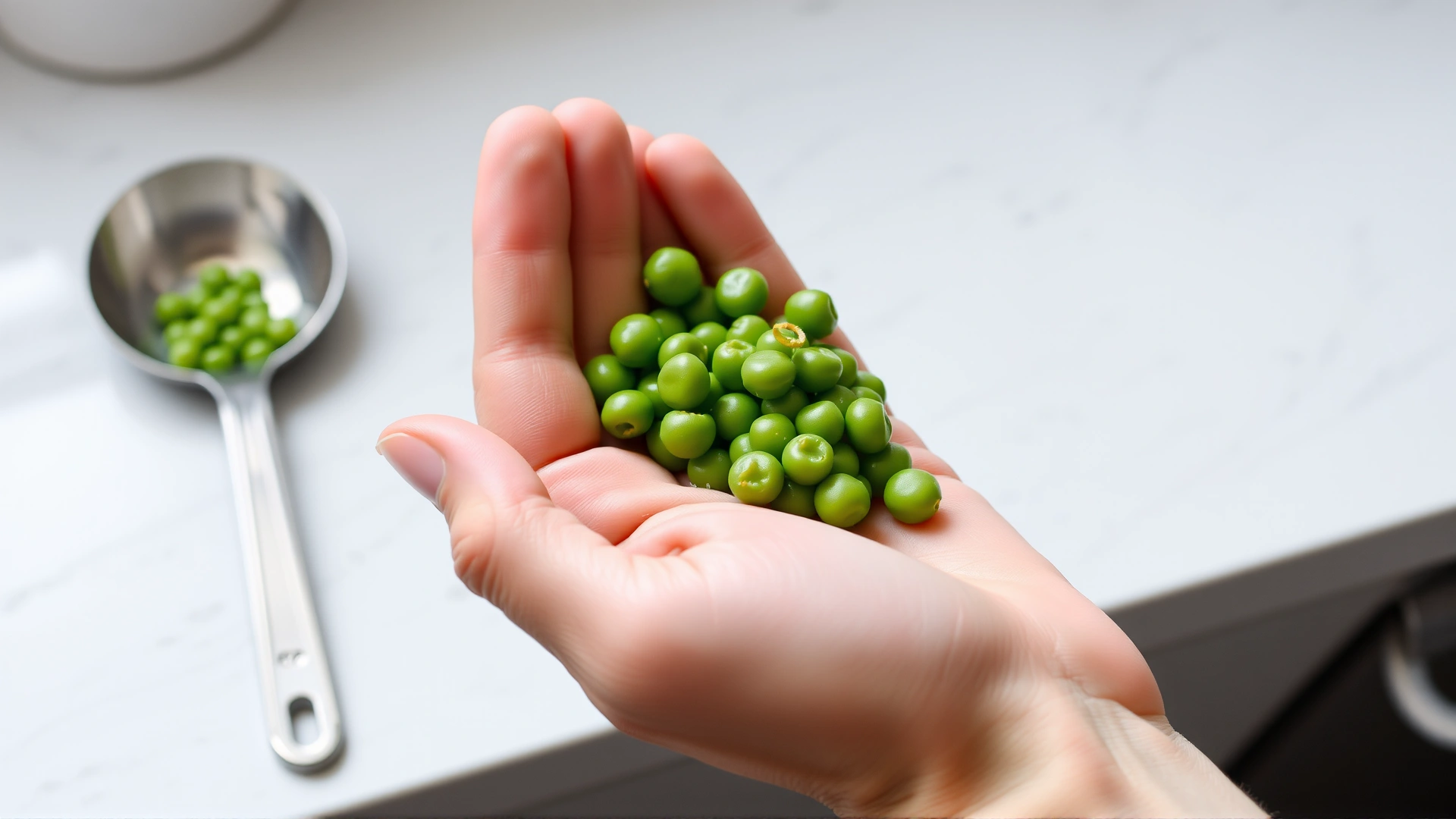 Hand holding a small portion of steamed peas next to a measuring spoon, set against a clean kitchen countertop