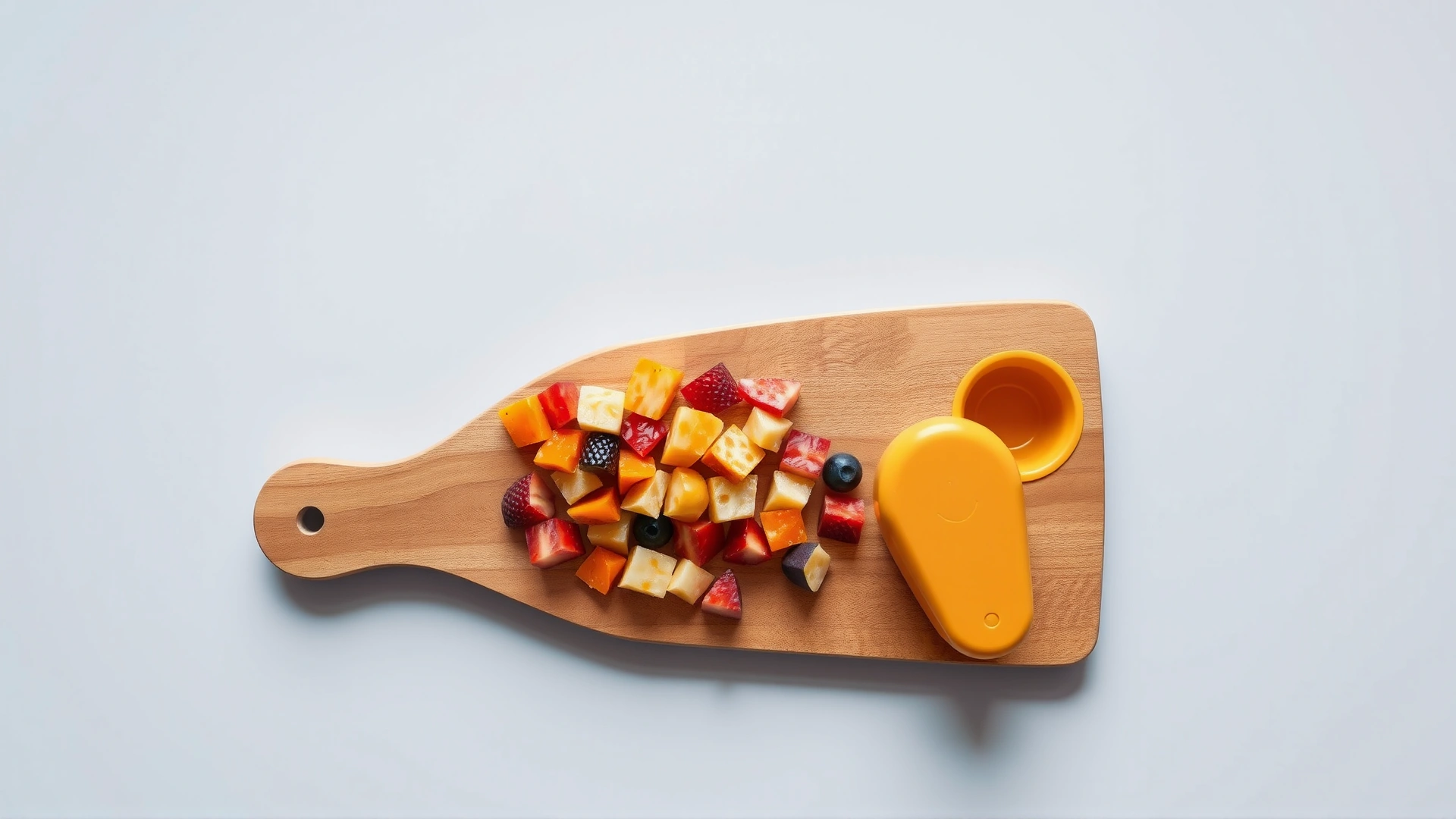 Top-down view of a wooden board with neatly diced dog-safe fruits beside a rubber food-dispensing toy, bright studio lighting