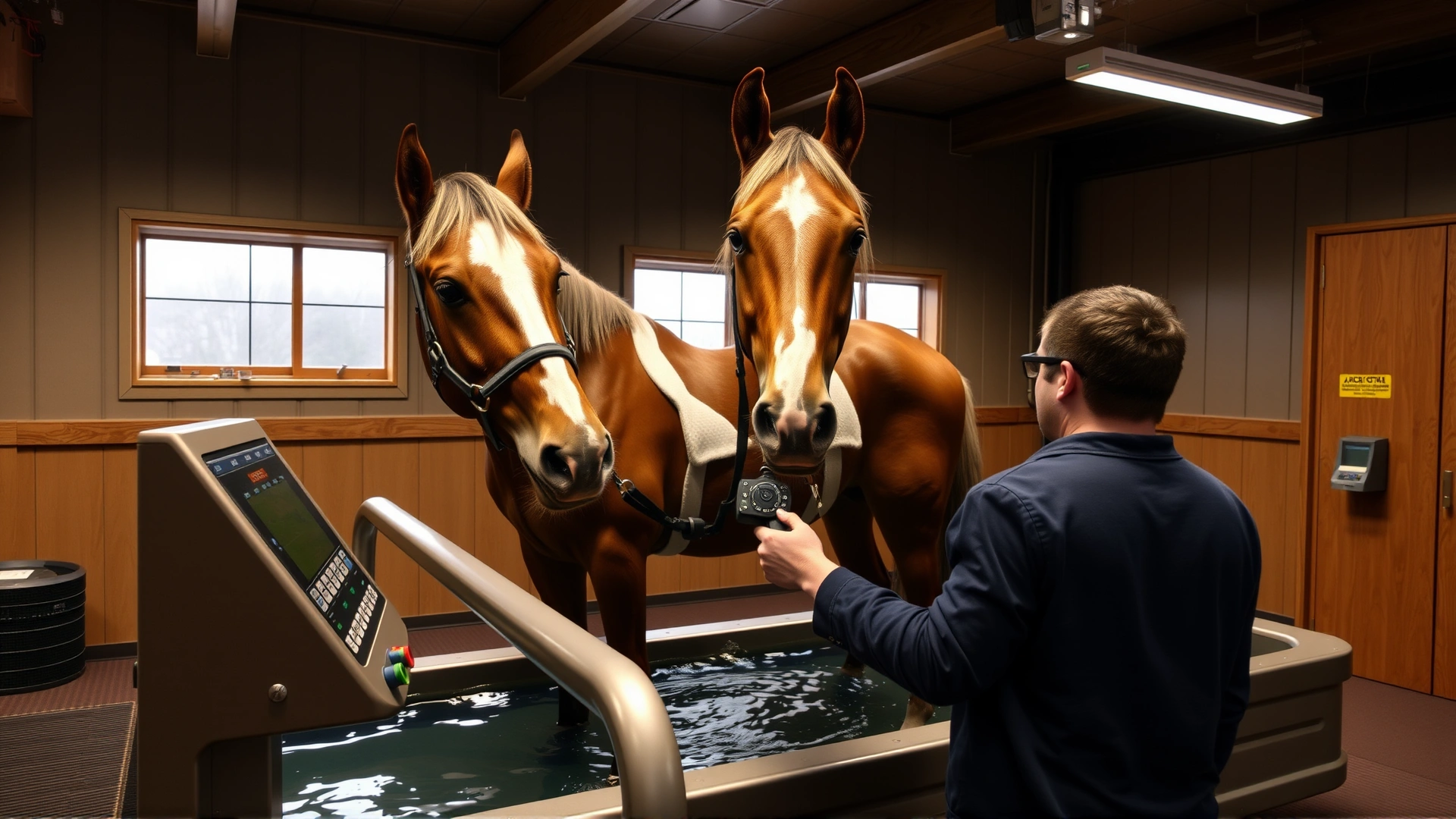Trainer adjusting settings on a water treadmill control panel while a horse stands inside the unit, indoor rehab center