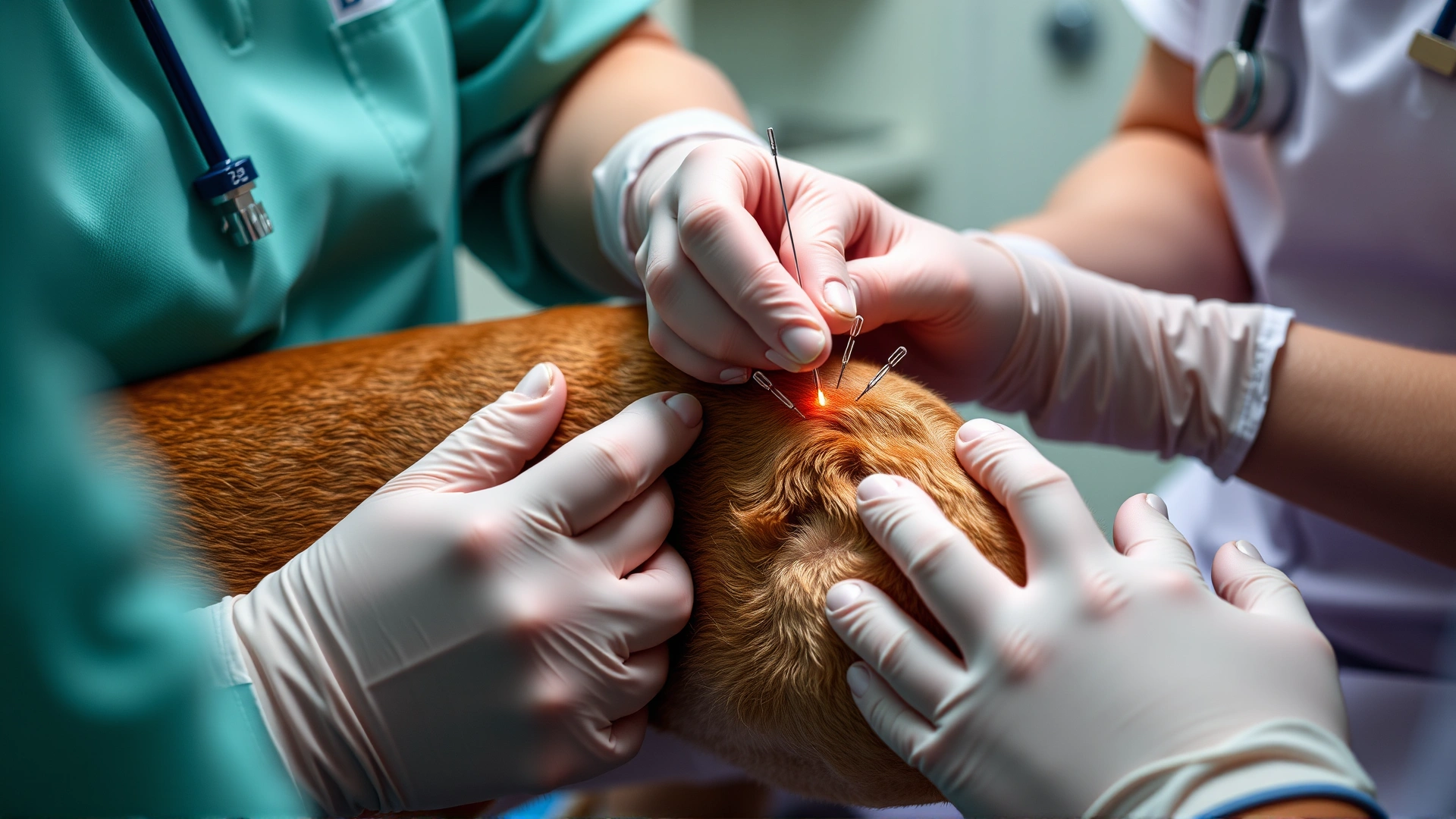 Veterinary acupuncturist inserting sterile acupuncture needles into a dog's hind leg, clean clinical environment, focus on hands and needles