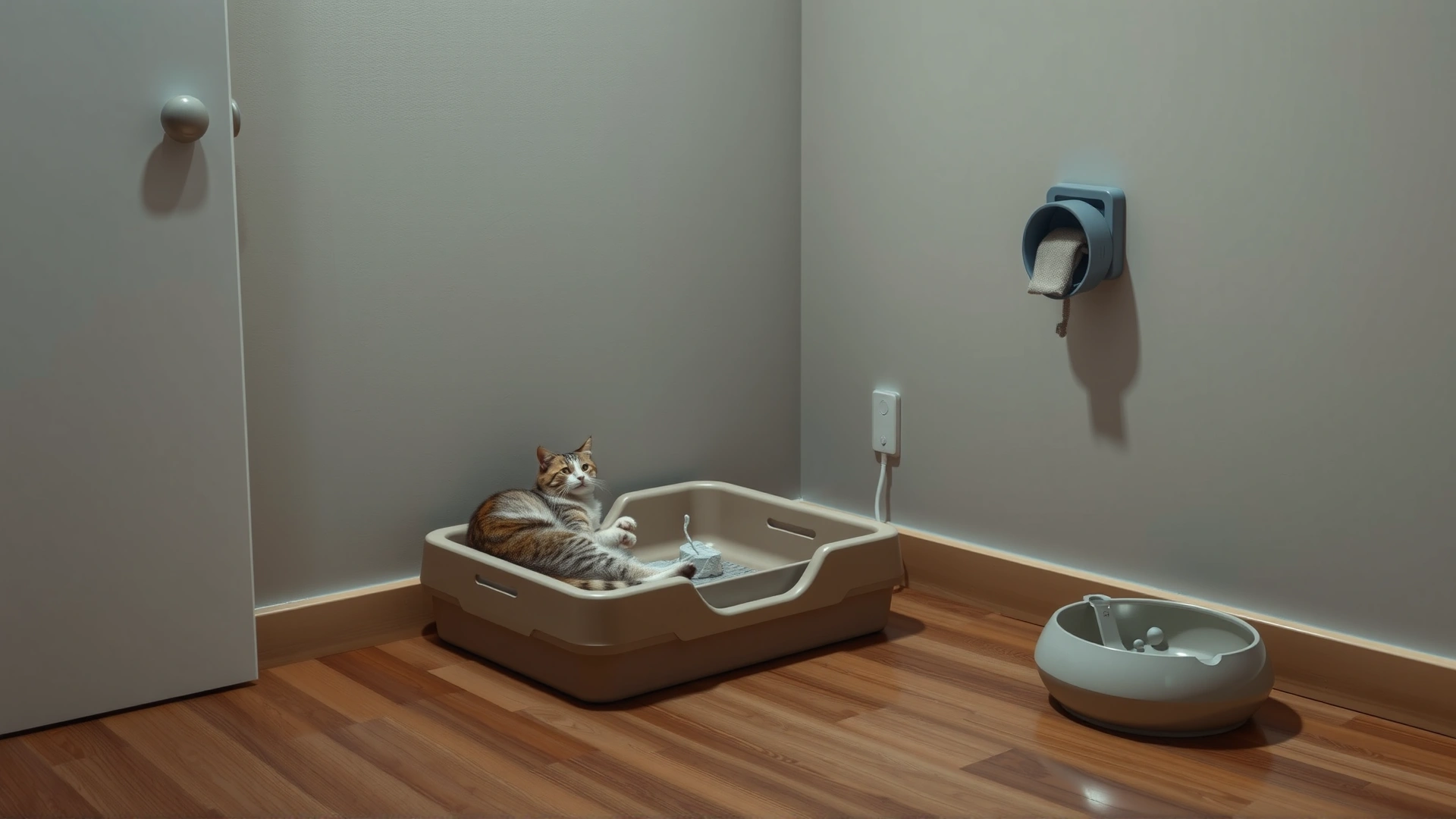 Quiet corner prepared for a recovering cat: low-sided litter box, soft bed, water bowl, and dim lighting; no people in frame.