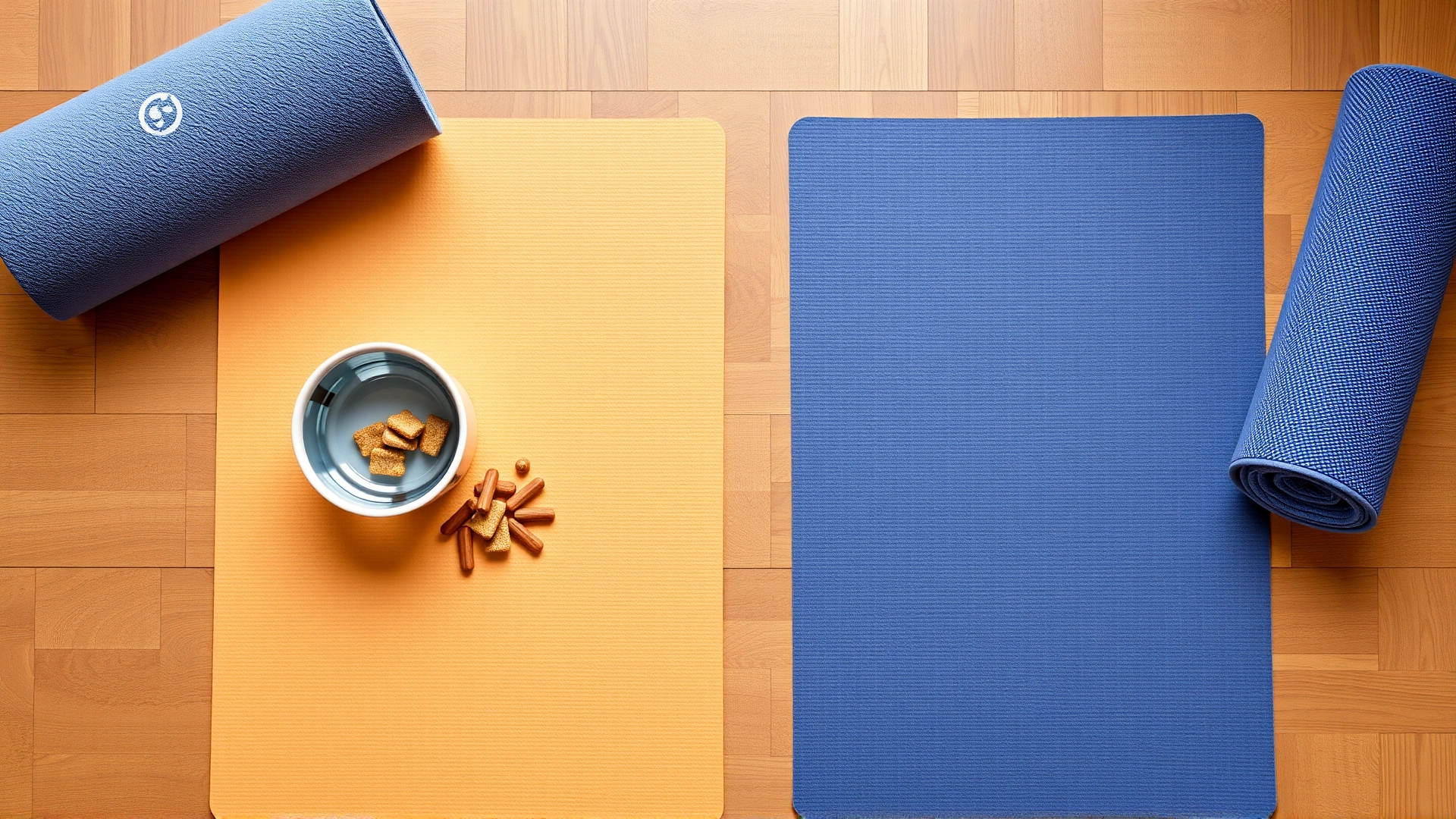 Flat-lay of two yoga mats side by side with a water bowl, treats, and a rolled towel