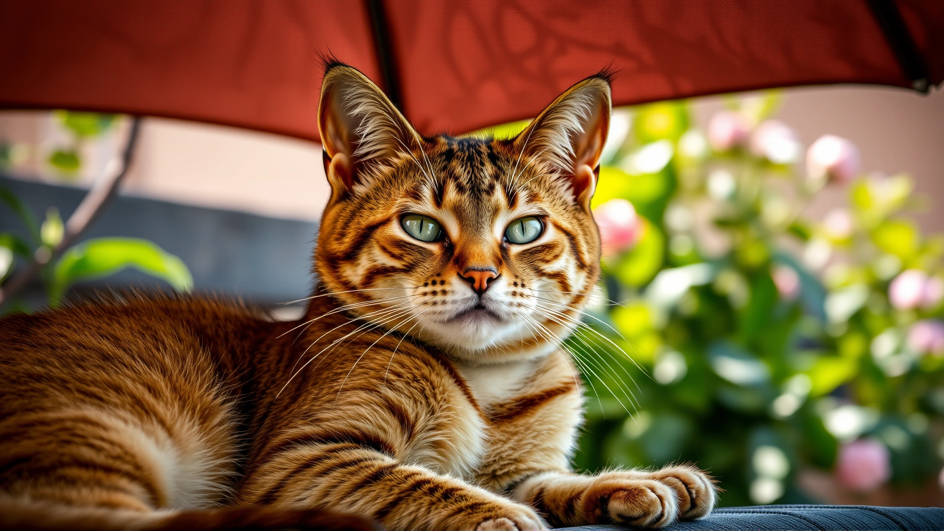 Cat lounging comfortably under a garden umbrella in dappled shade.
