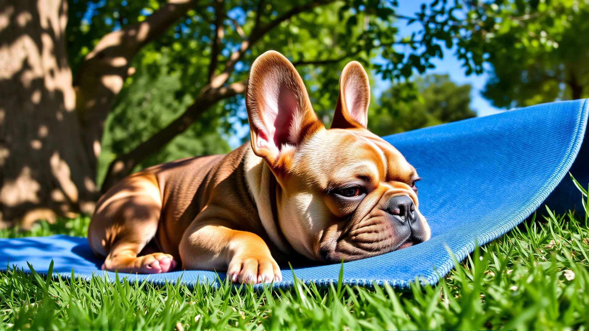 French Bulldog resting comfortably on a blue cooling mat in the shade of a leafy tree during a warm afternoon.