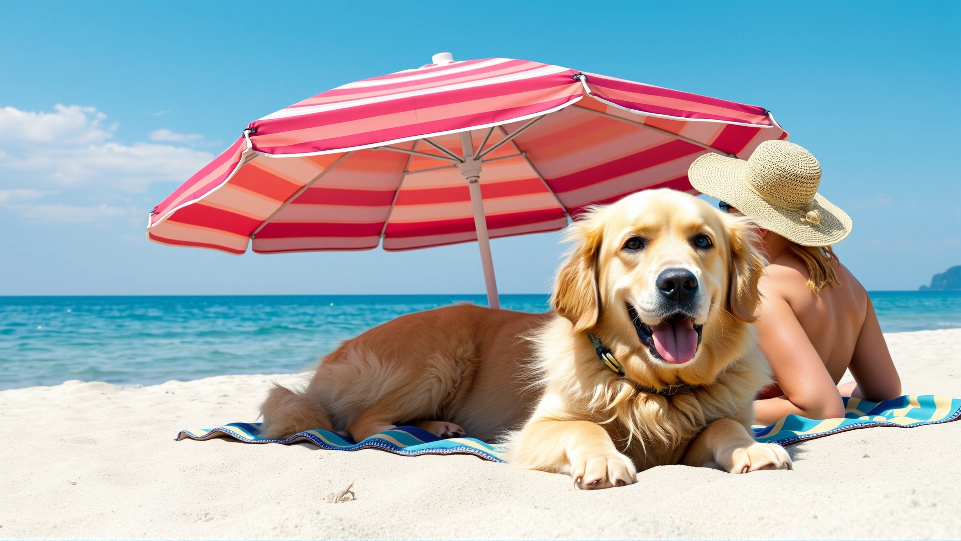 Golden retriever relaxing on a beach blanket under a colorful umbrella beside its owner, clear sky and calm sea in the background, lifestyle shot