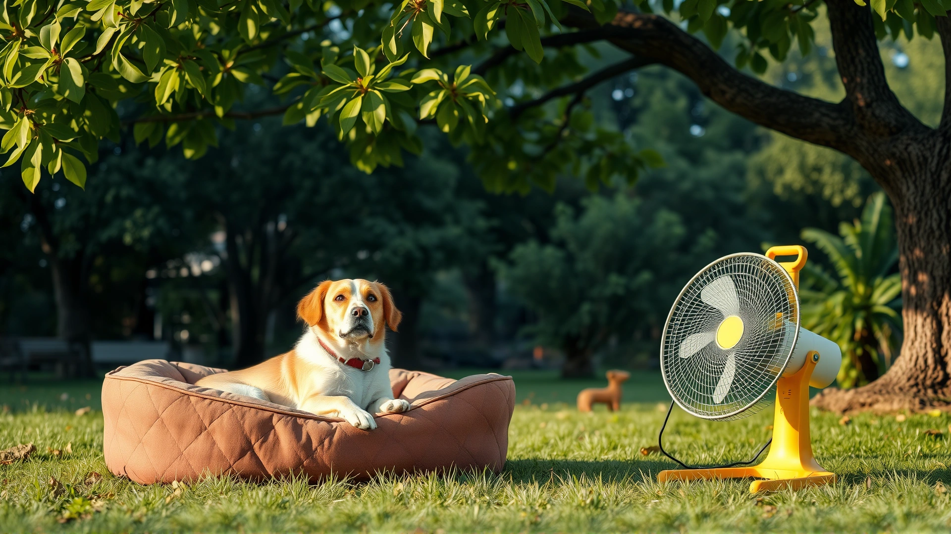 Cozy outdoor setup with a pet bed under a leafy tree and a portable fan nearby, capturing a relaxed dog enjoying the breeze.