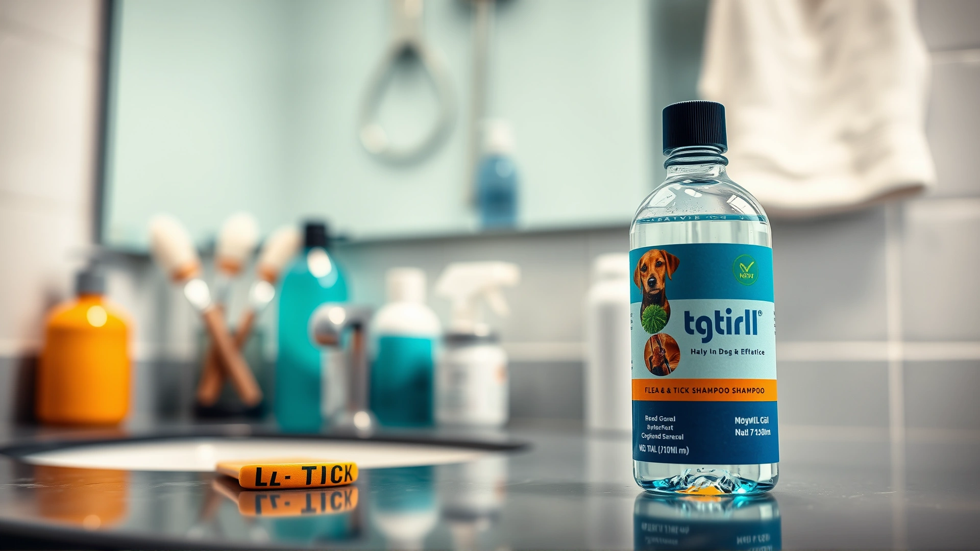 Macro shot of a flea and tick dog shampoo bottle on a bathroom counter with a blurred background of grooming tools