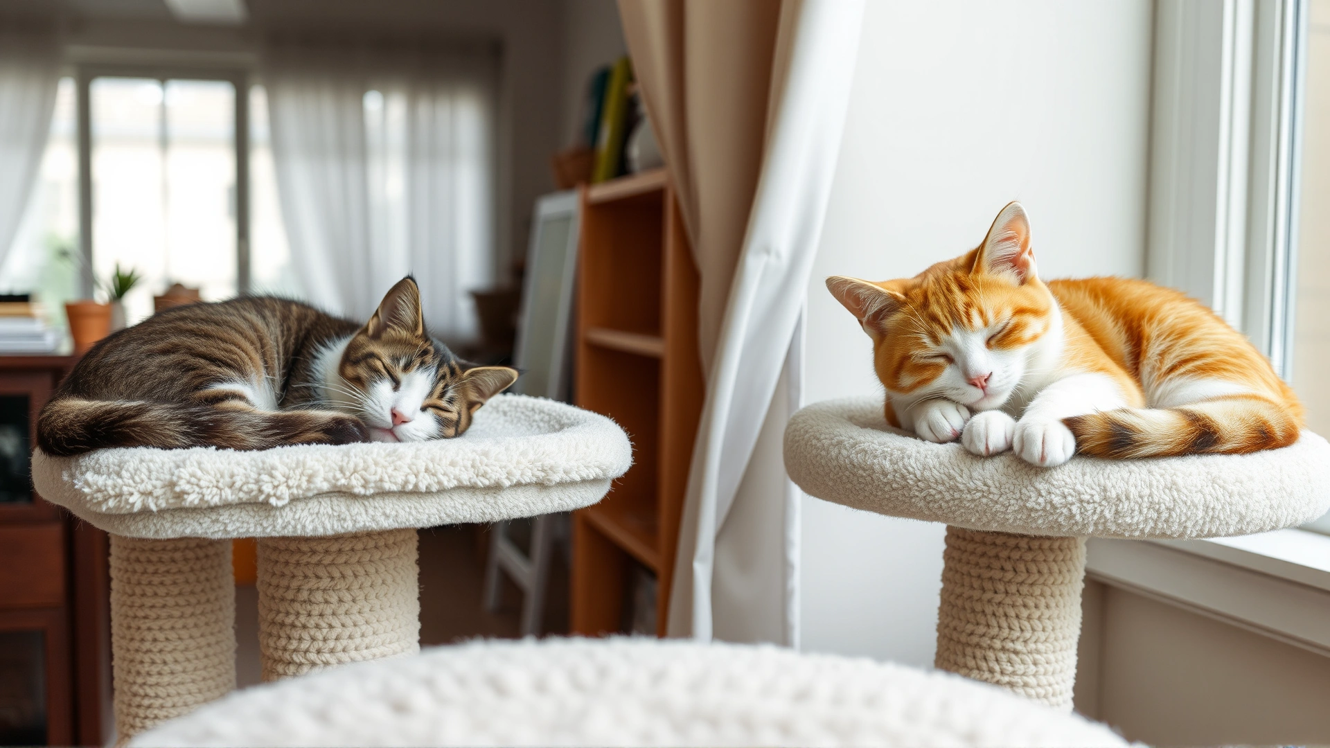 Peaceful scene of two cats sleeping on separate cat trees in the same room, symbolizing successful cohabitation