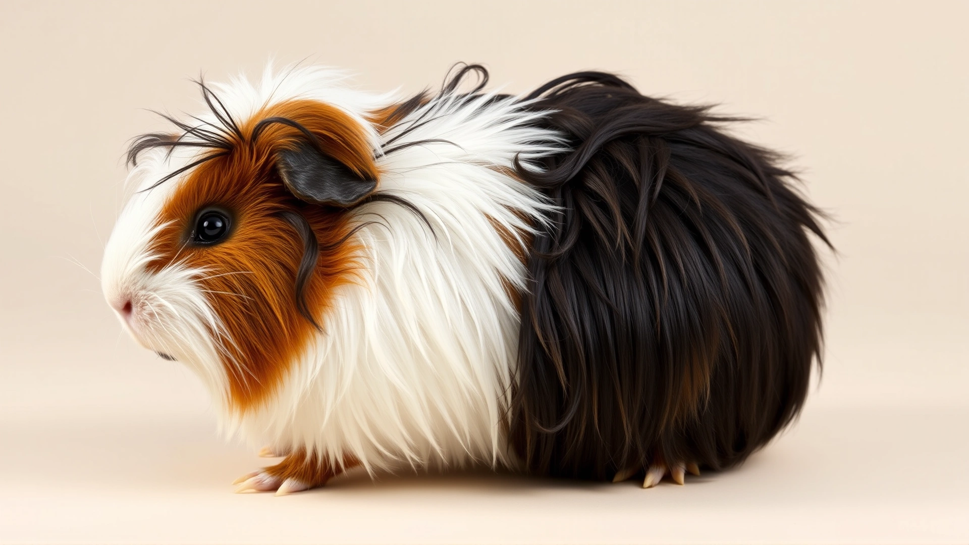 Sheba Mini Yak guinea pig with intentionally tousled coat and multiple rosettes, playful pose on light background, no text