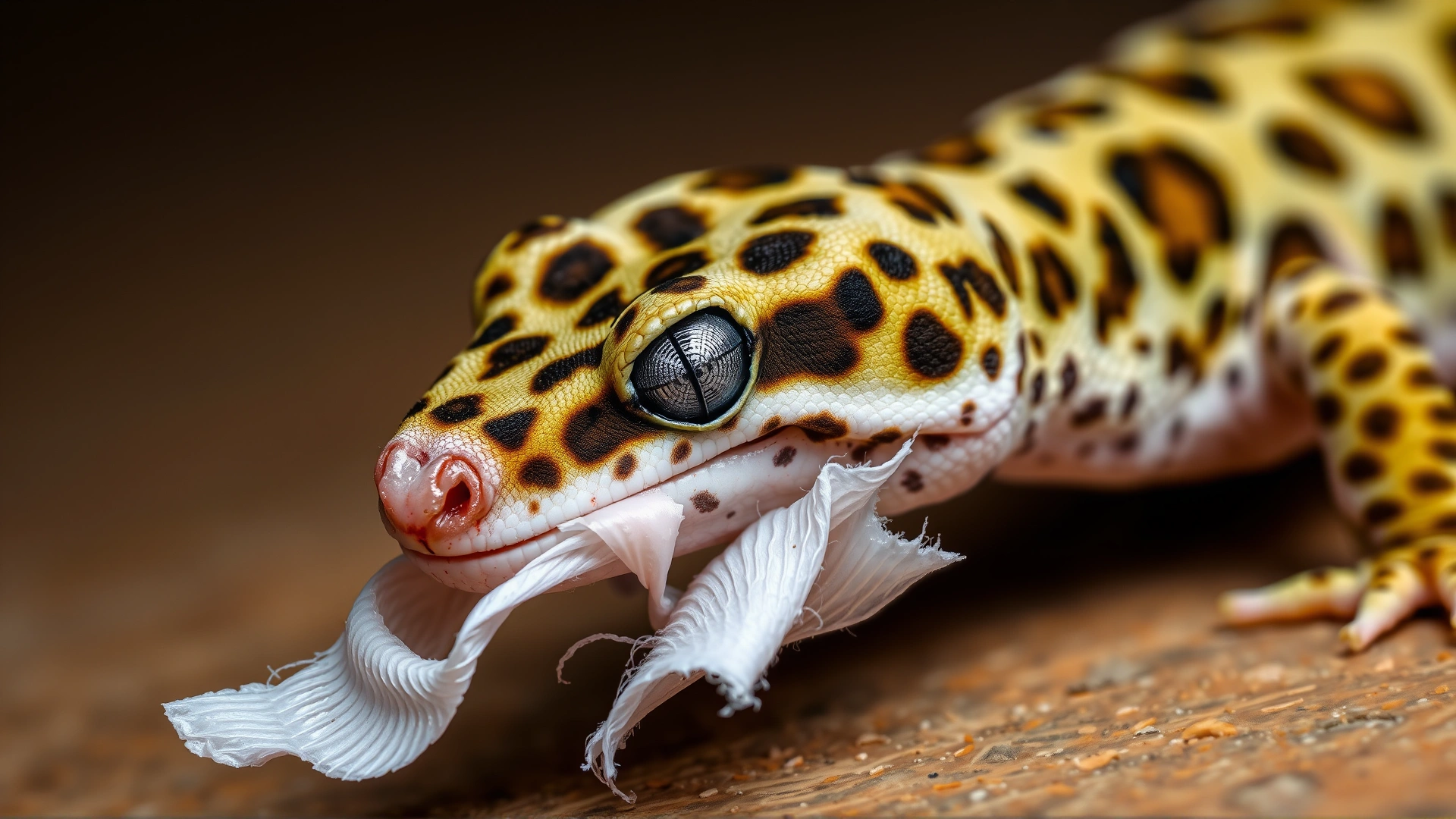 Macro shot of a leopard gecko mid-shed with white skin peeling near its toes, providing a detailed view of the shedding process.