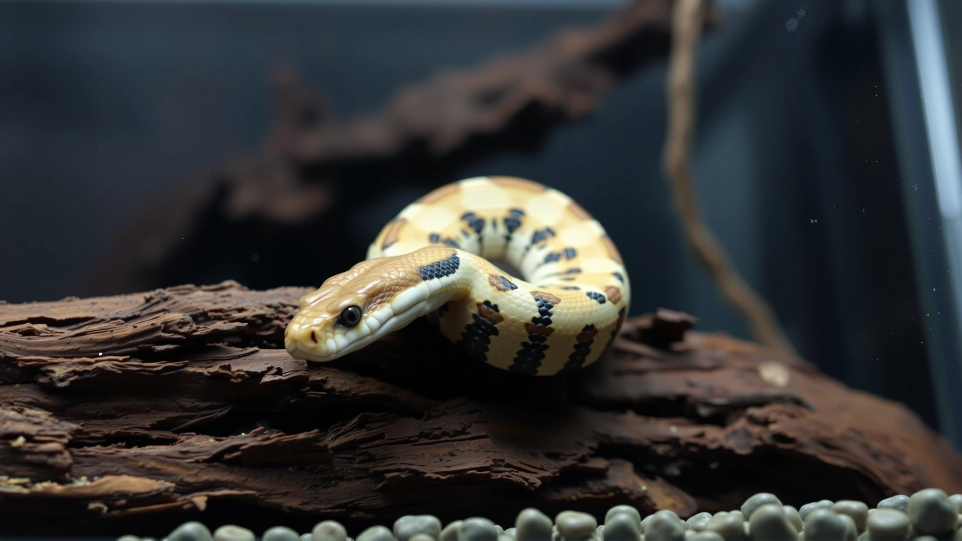 Photo of a corn snake halfway through shedding its old cloudy skin while crawling over a piece of bark inside a terrarium.