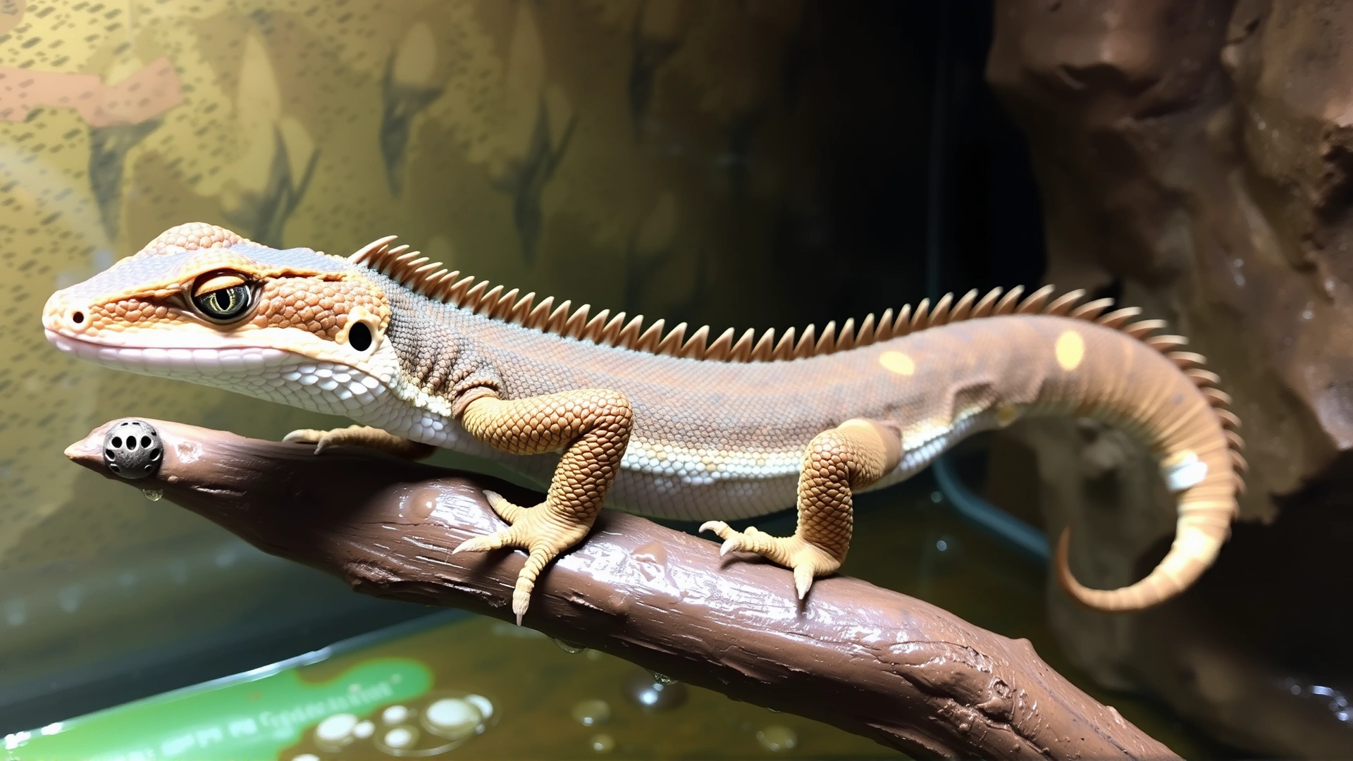 Chinese water dragon mid-shed, with patches of old skin lifting around the toes and tail, positioned on a damp branch in its enclosure. No text.